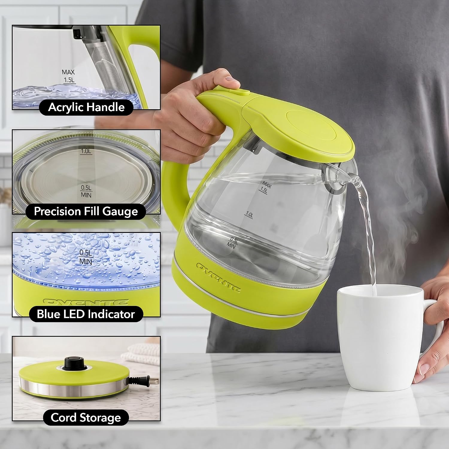 OVENTE 1.5L Glass Electric Kettle Water Boiler, Green KG83G