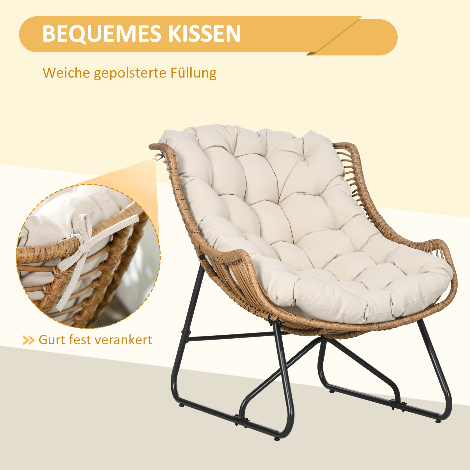 Outsunny Tuin Lounge, Rotan look, Buitensstoel, met Kussen, Metalen frame, 75x101x90 cm, Natuur/Khaki/Zwart
