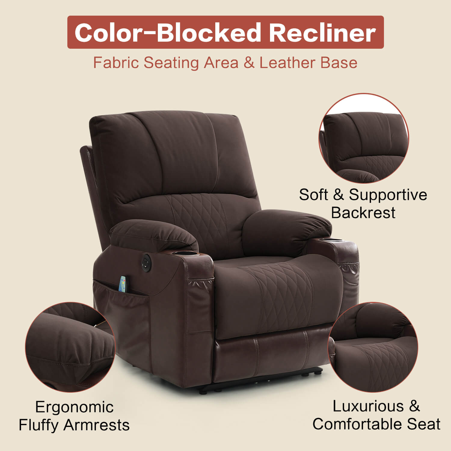 Fauteuil inclinable électrique avec chauffage et massage, format compact