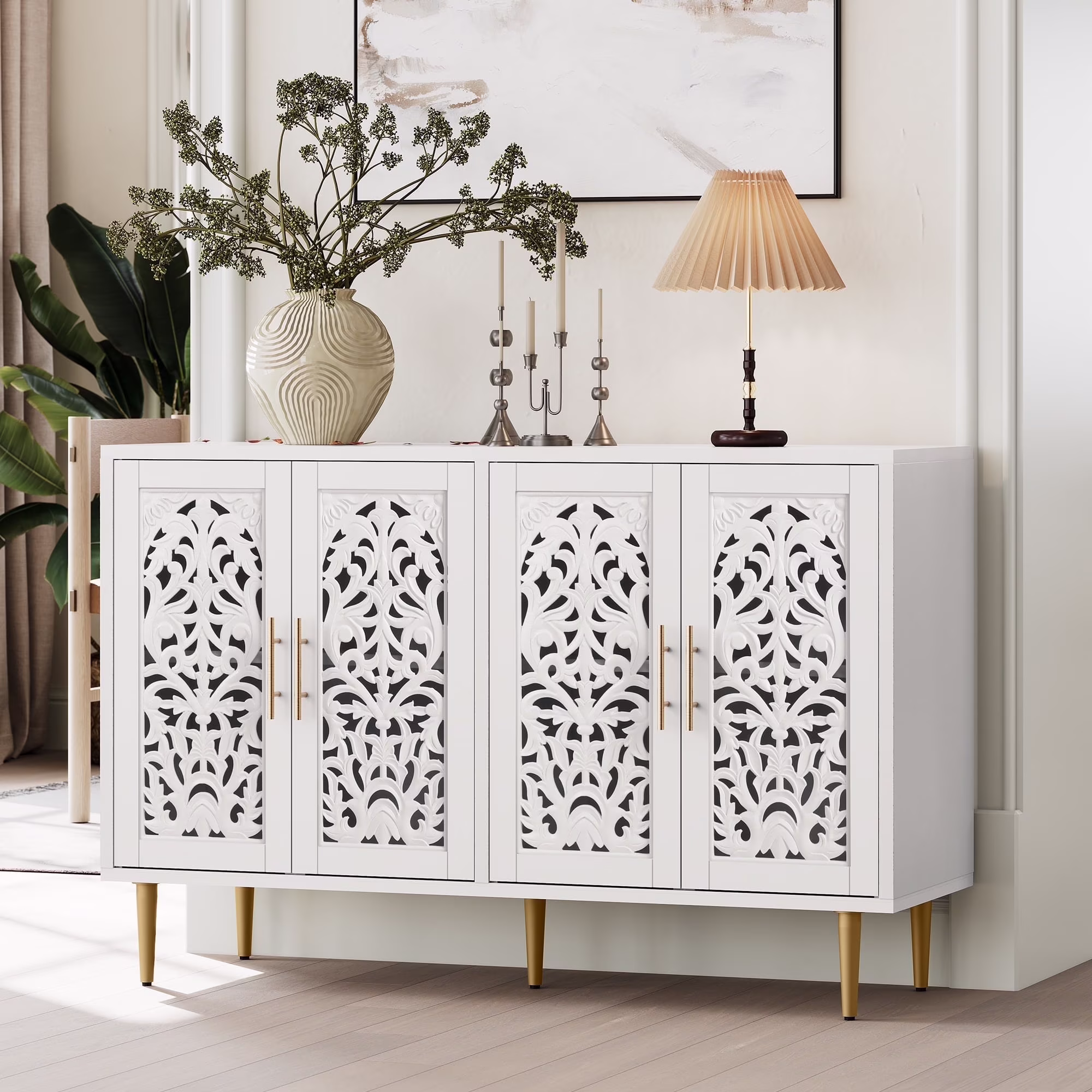 48" Accent Cabinet with 4 Doors, Vintage Hollow Carving Storage Credenza, Sideboards and Buffets Cabinet for Living Room, Kitchen, Dining Room, Entryway(48"-4door-White)
