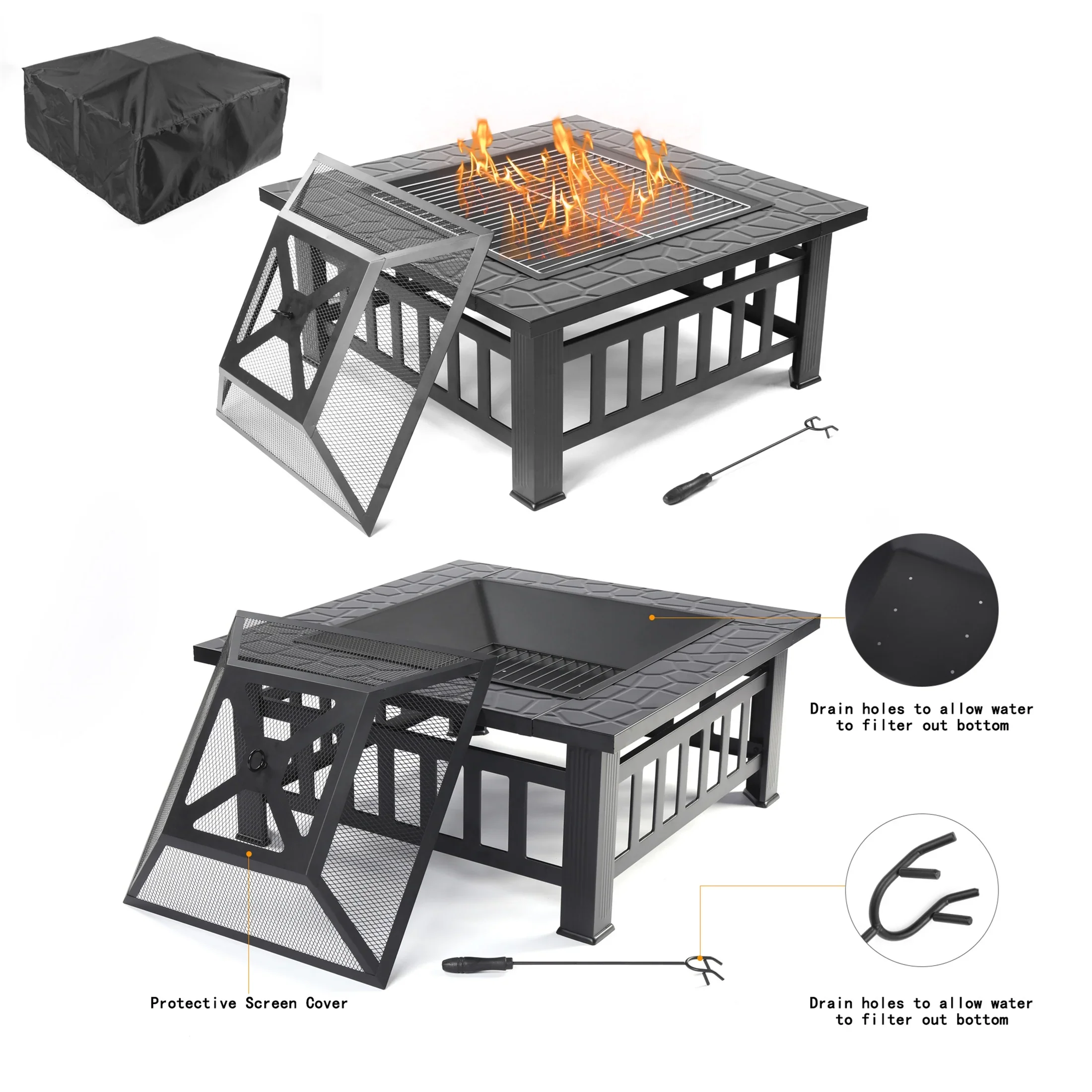Fire Pits for Outside, UHOMEPRO 32 Square Iron Fire Pit Backyard Patio Garden Stove Wood Burning Fire Pit w/ BBQ Net, Waterprrof Cover, Mesh Screen Lid, Wood Grate, Poker, Durable Fire Pit