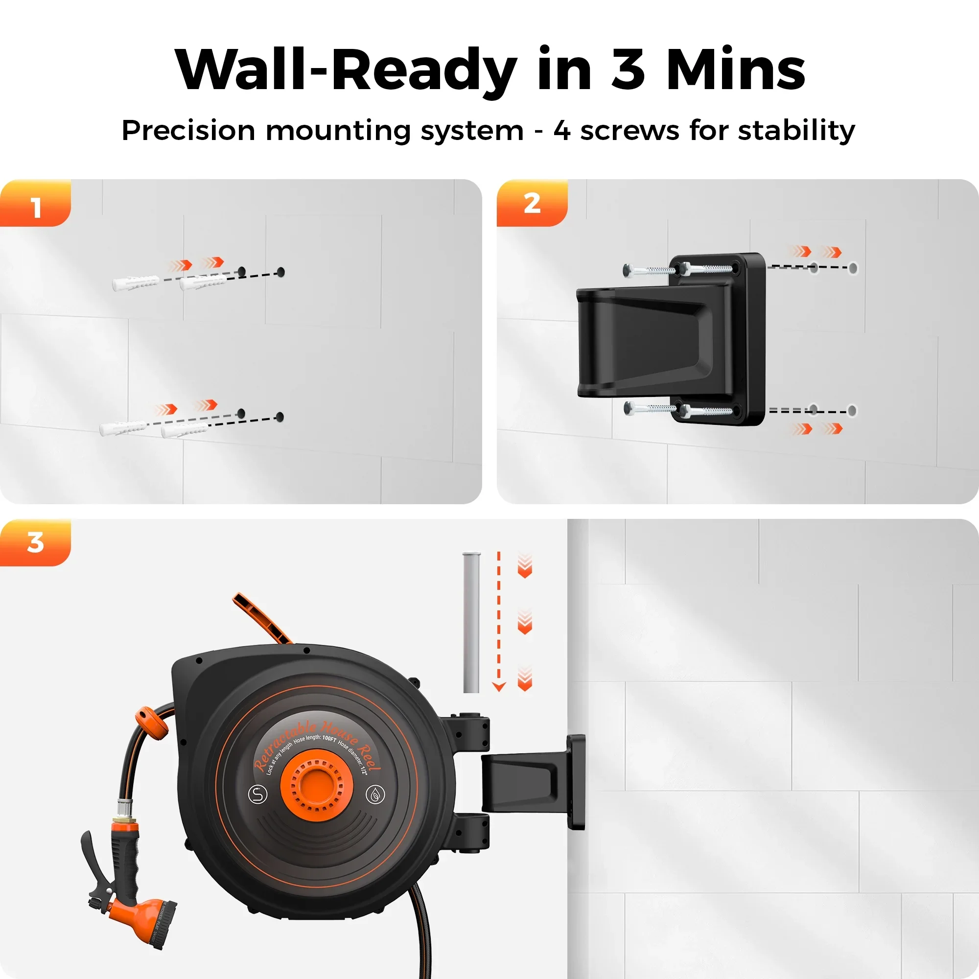 Retractable Garden Hose Reel 1/2 in x 100 ft, Auto-Rewind & Any Length Lock, 180�� Swivel Heavy Duty Hose Reel Wall Mount for Outside, 10 Spray Patterns, UV-Resistant