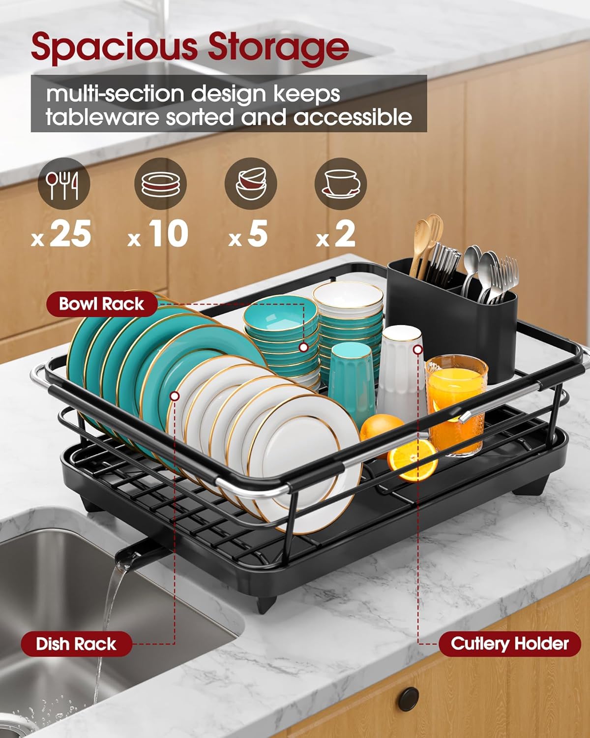 Sakugi Extendable Dish Drying Rack Over Sink with Dish Drainer, Sink Organization and Storage Essentials with Silverware & Utensil Holder, Home and Apartment Decor, 12