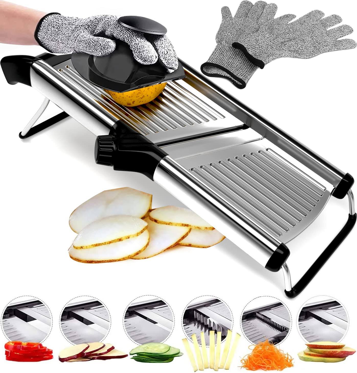 Mandoline Slicer Vegetable Potato Slicer Julienne Slicer Onion Cutter with Stainless Steel Adjustable Blade. Cut Resistant Gloves included.