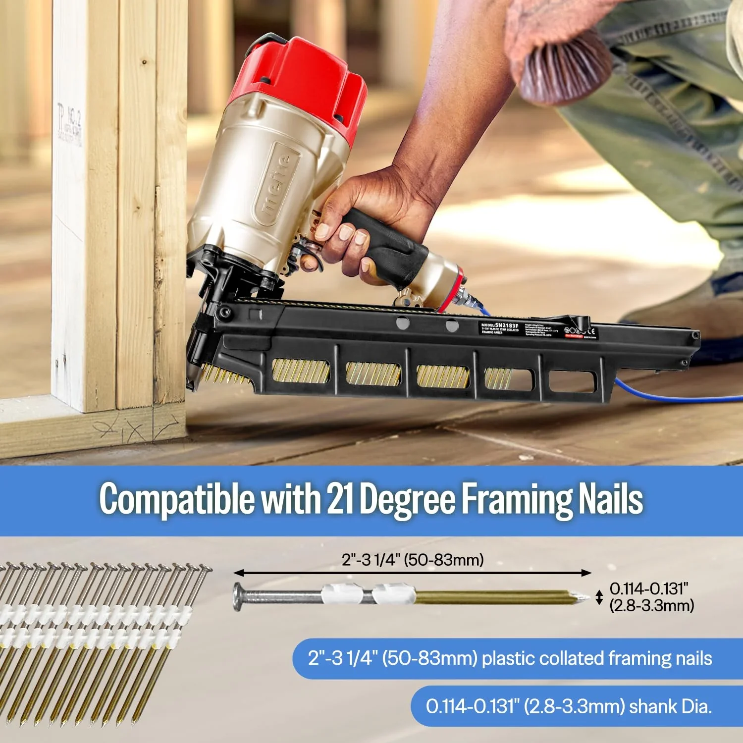 Meite SN2183F Pneumatic Framing Nailer 21 Degree 2 to 3-1/4 Length Plastic Plastic Collated Round Head Framing Nail Gun