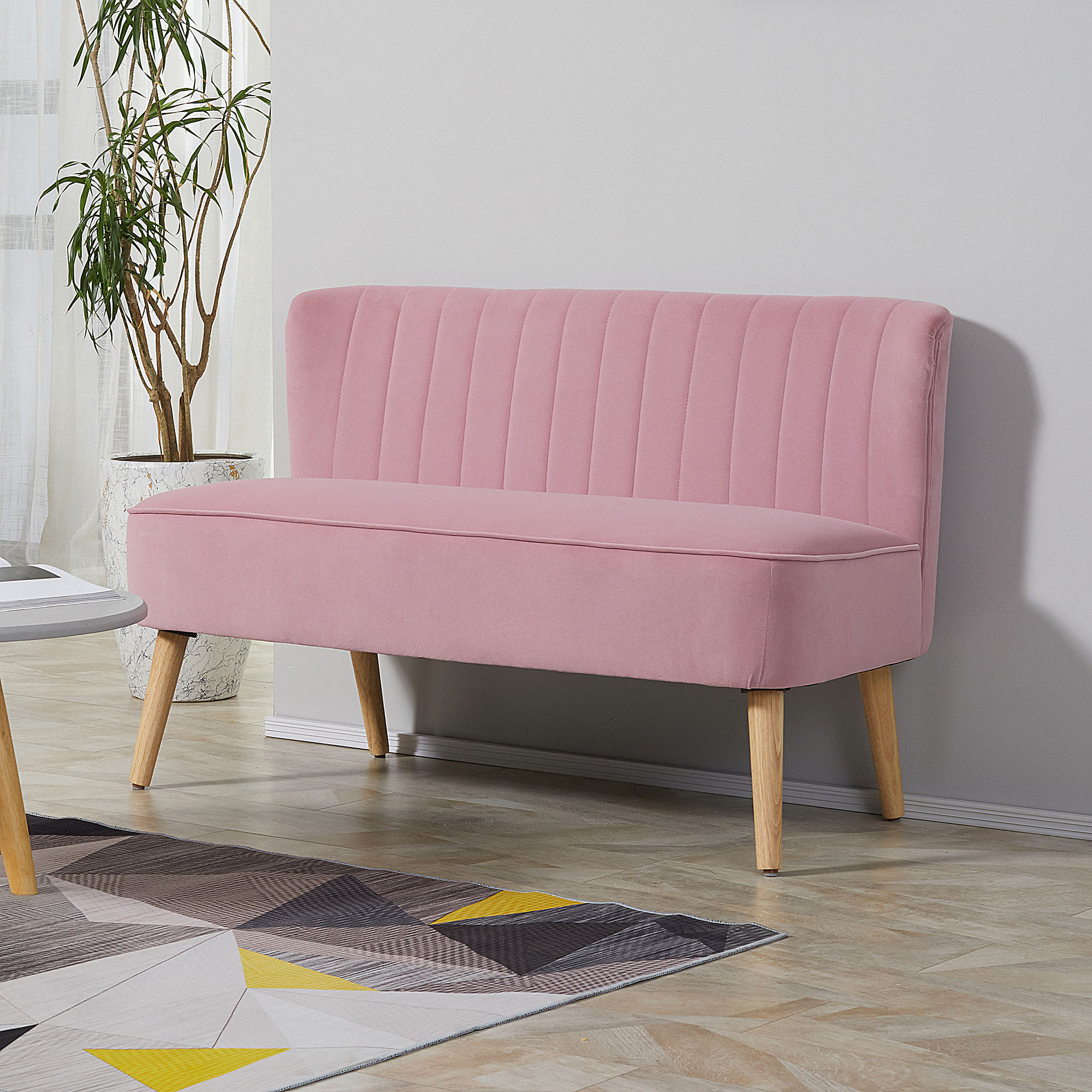 HOMCOM Sofa Retrodesign 2-zitsbank, houten poten, 117 cm x 56,5 cm x 77 cm, Roze