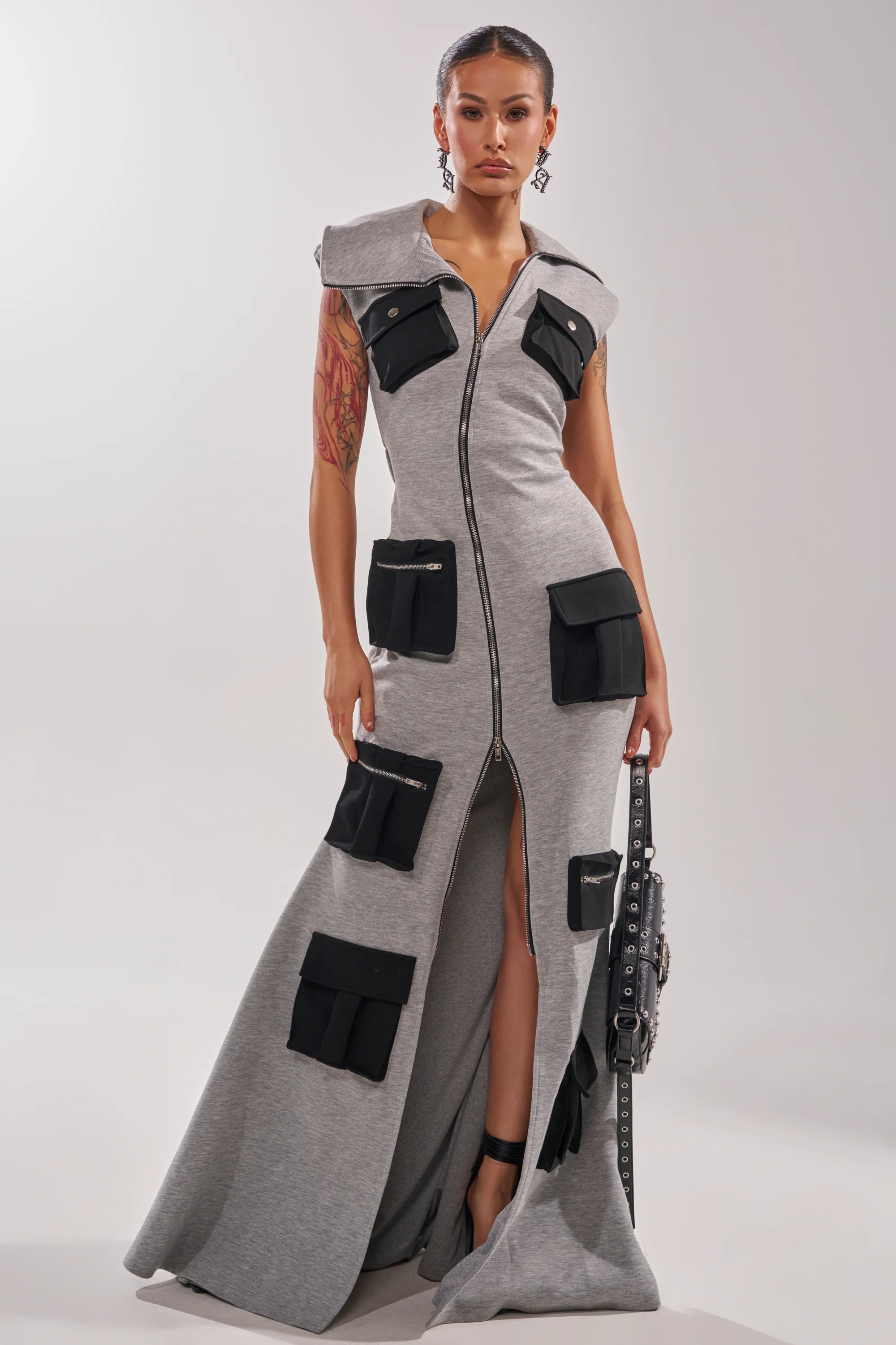 DON'T MESS WITH ME COLLARED MAXI DRESS IN GREY SCUBA - Akira Store