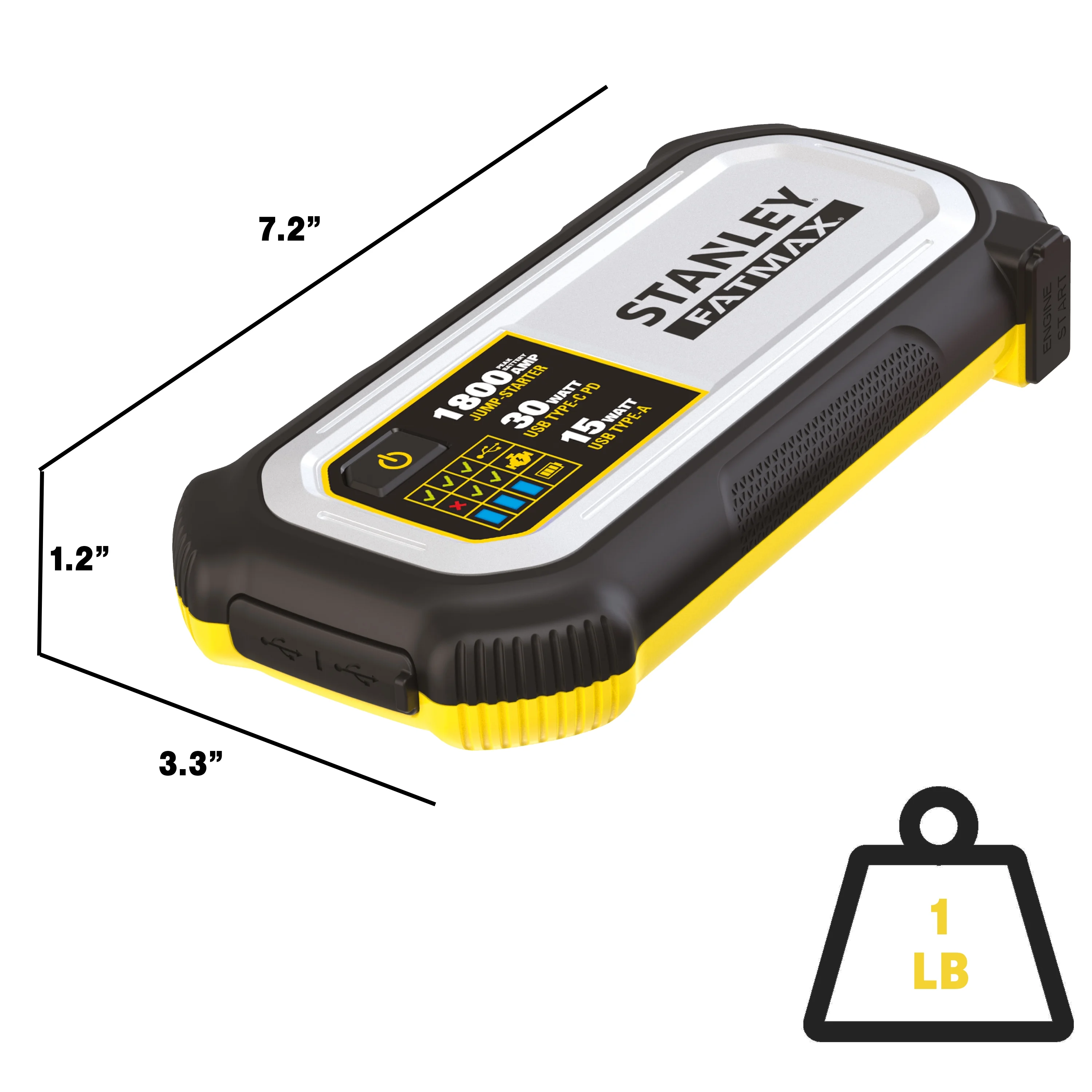 Stanley Fatmax 1800A Lithium Jump Starter with 30W USB - C - PD in/Out and 15W USB - A Out, Includes Clamps