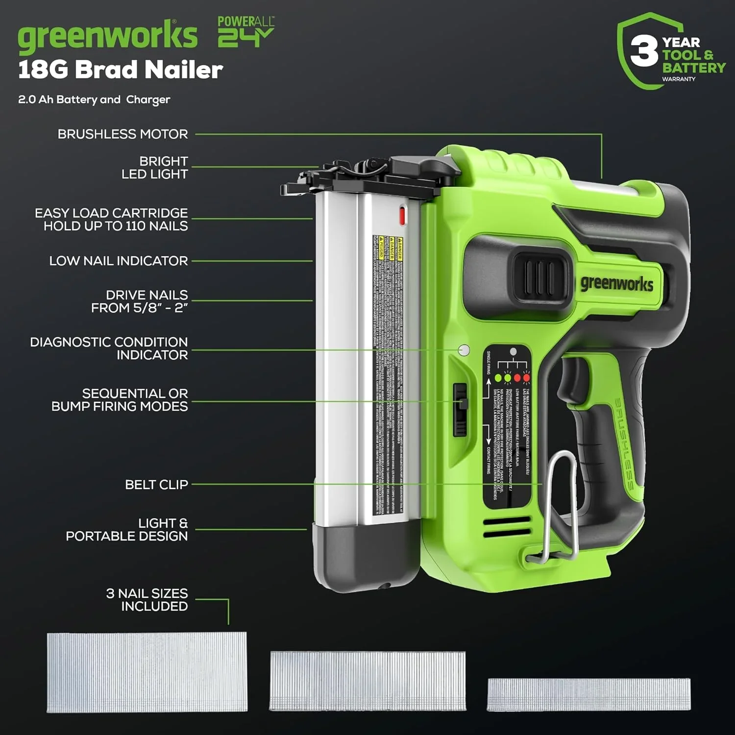 Greenworks 24V 18GA Brushless Brad Nailer, Cordless Staple Gun, Tool Only