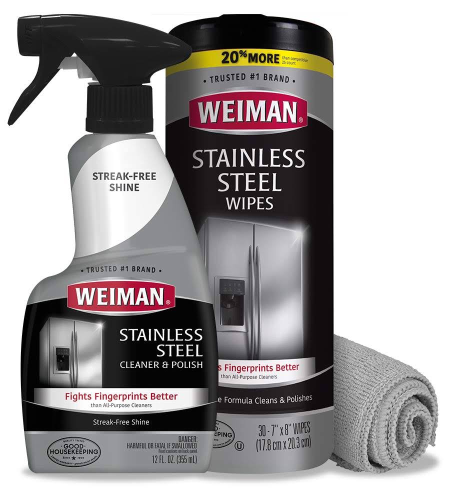 Weiman Stainless Steel Cleaner Kit - Fingerprint Resistant, Removes Residue, Water Marks and Grease from Appliances