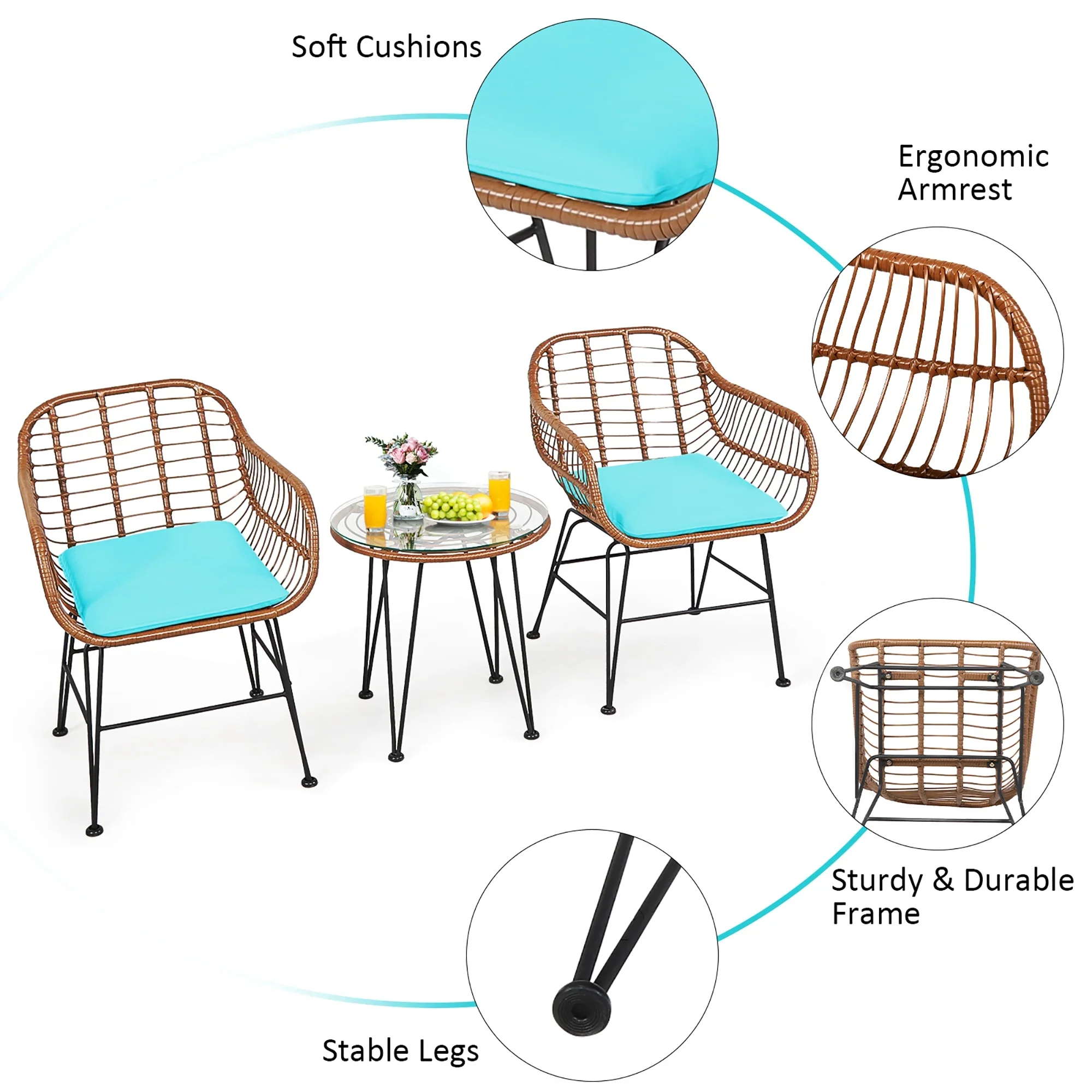 Costway 3PCS Patio Rattan Bistro Set Coffee Table Armchair Garden Red Cushion