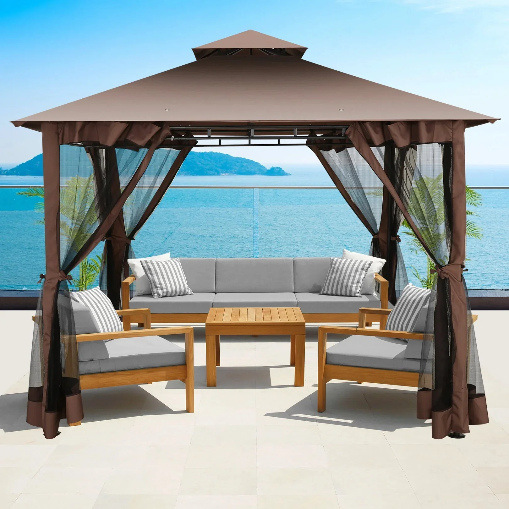 SANOPY 10' x10' Canopy Gazebo, Assembled Style Wrought Iron Gazebo Tent Can Accommodate 6-10 People with 4 Detachable Mosquito Net Side Walls, Rainproof&Sunproof Canopy Tent For Garden, Yard, Beach