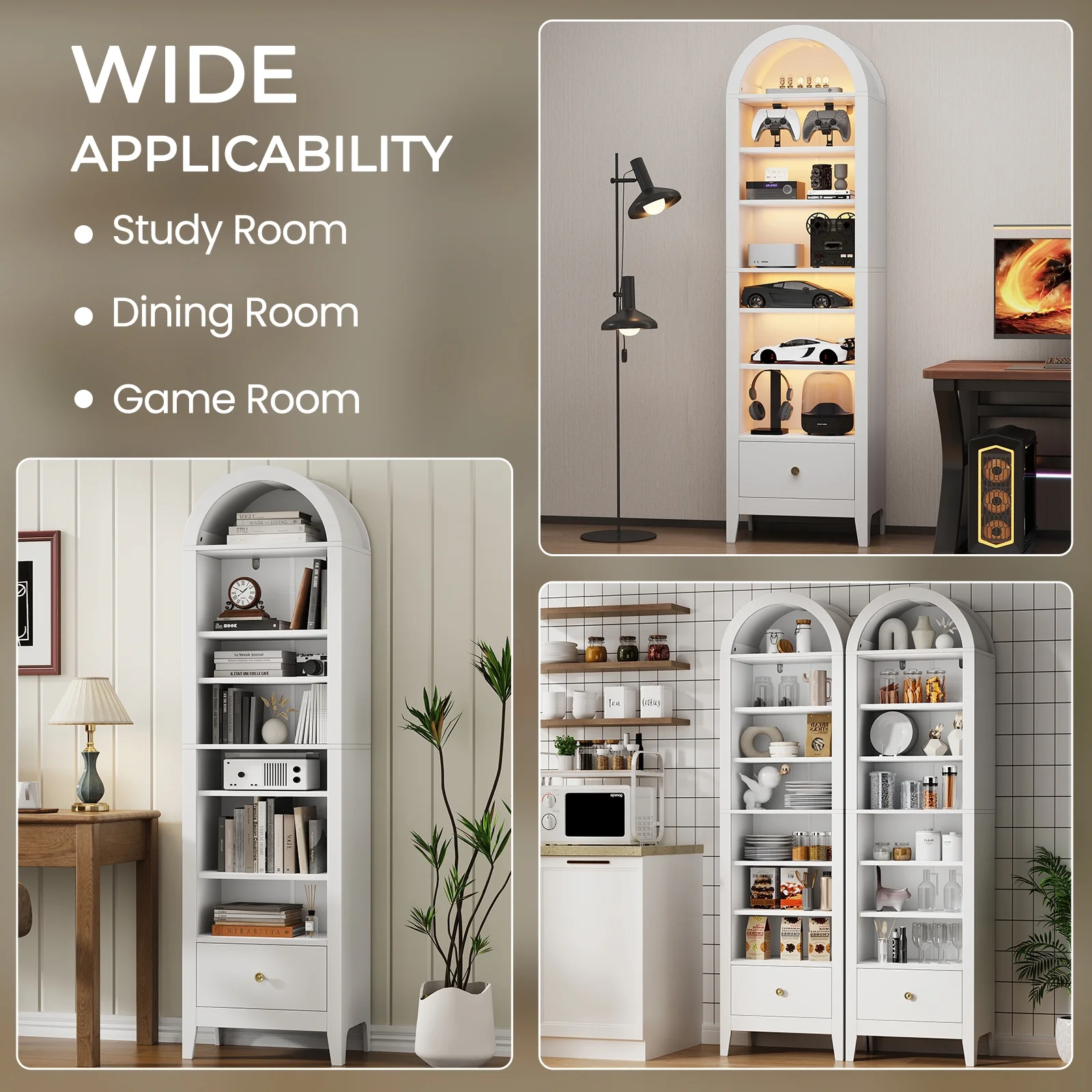 Arched Cabinet, 71" Tall Kitchen Pantry Cabinet, 8 Tiers Arched storage Cabinet with Doors and Shelves, Bookcase for Entryway, Hallway, Living Room, White(White) - Image 4