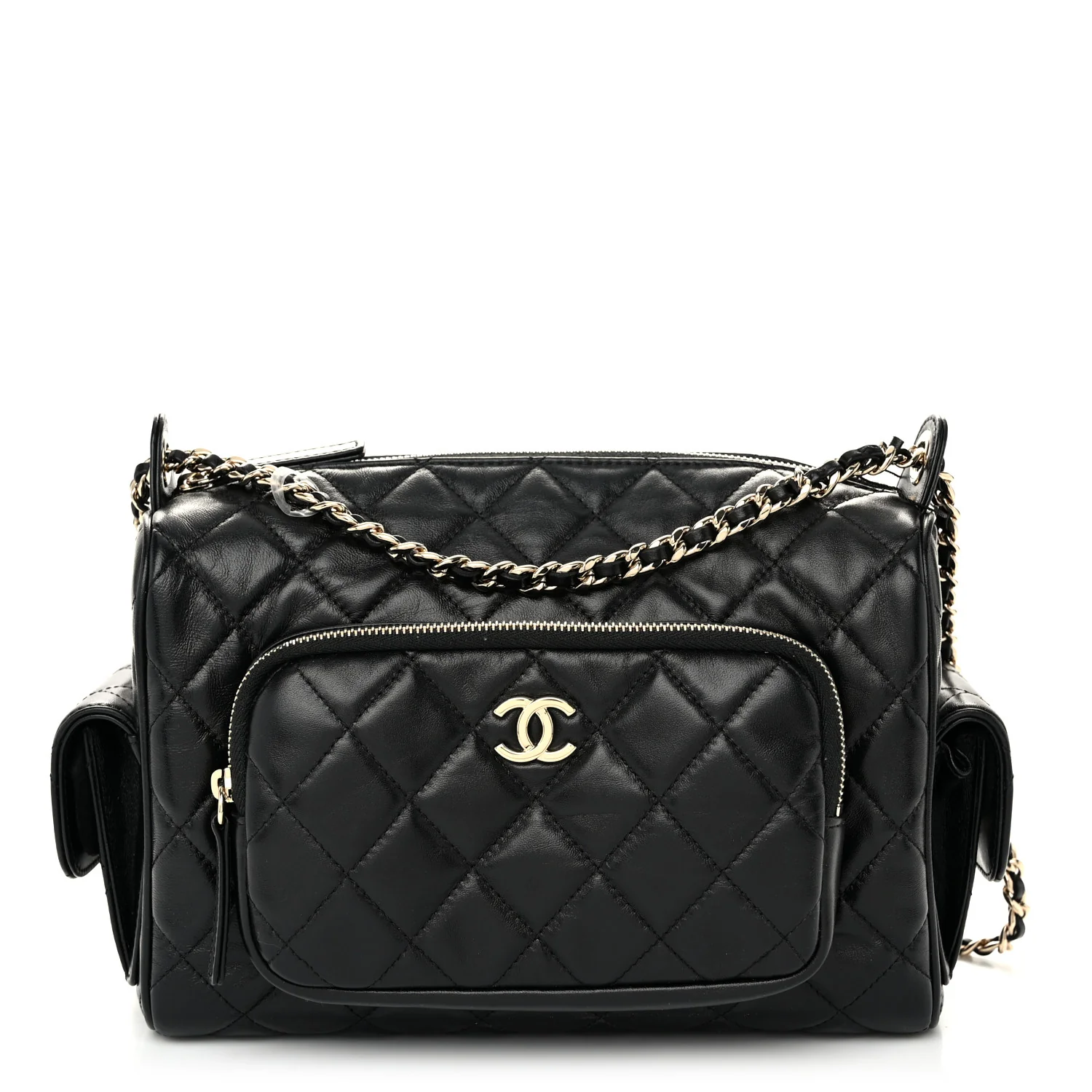 Shiny Crumpled Lambskin Quilted Medium Preppy Pocket Camera Case Black