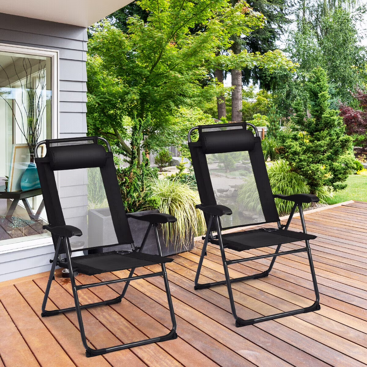 Gymax 2PC Folding Chairs Adjustable Reclining Chairs with Headrest Patio Garden Black