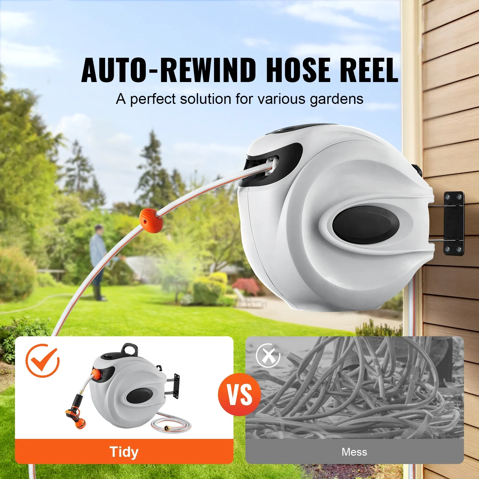 BENTISM Retractable Hose Reel, 65 ft x 5/8 inch, 180�� Swivel Bracket Wall-Mounted, Garden Water Hose Reel with 9-Pattern Nozzle, Automatic Rewind, Lock at Any Length, and Slow Return System