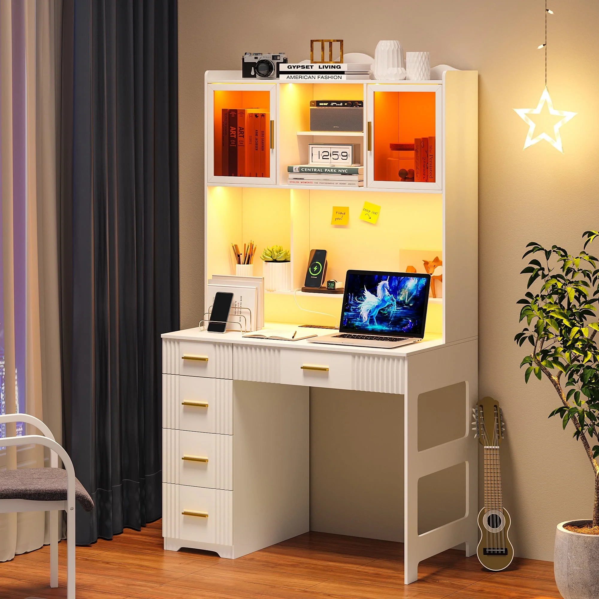 LED Study Desk with Hutch and Drawer, Home Office Desk with Outlet, Computer Desk with Charging Station, Writing Desk for Bedroom, Workstation for Small Space(White) Image 8