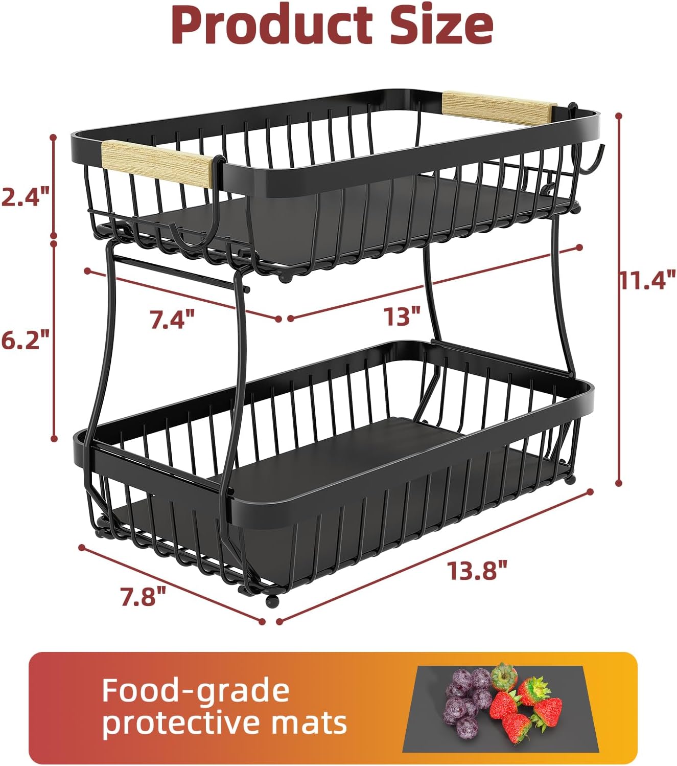Sevenblue 2-Tier Fruit Basket with Banana Hangers, Detachable Metal Bowl