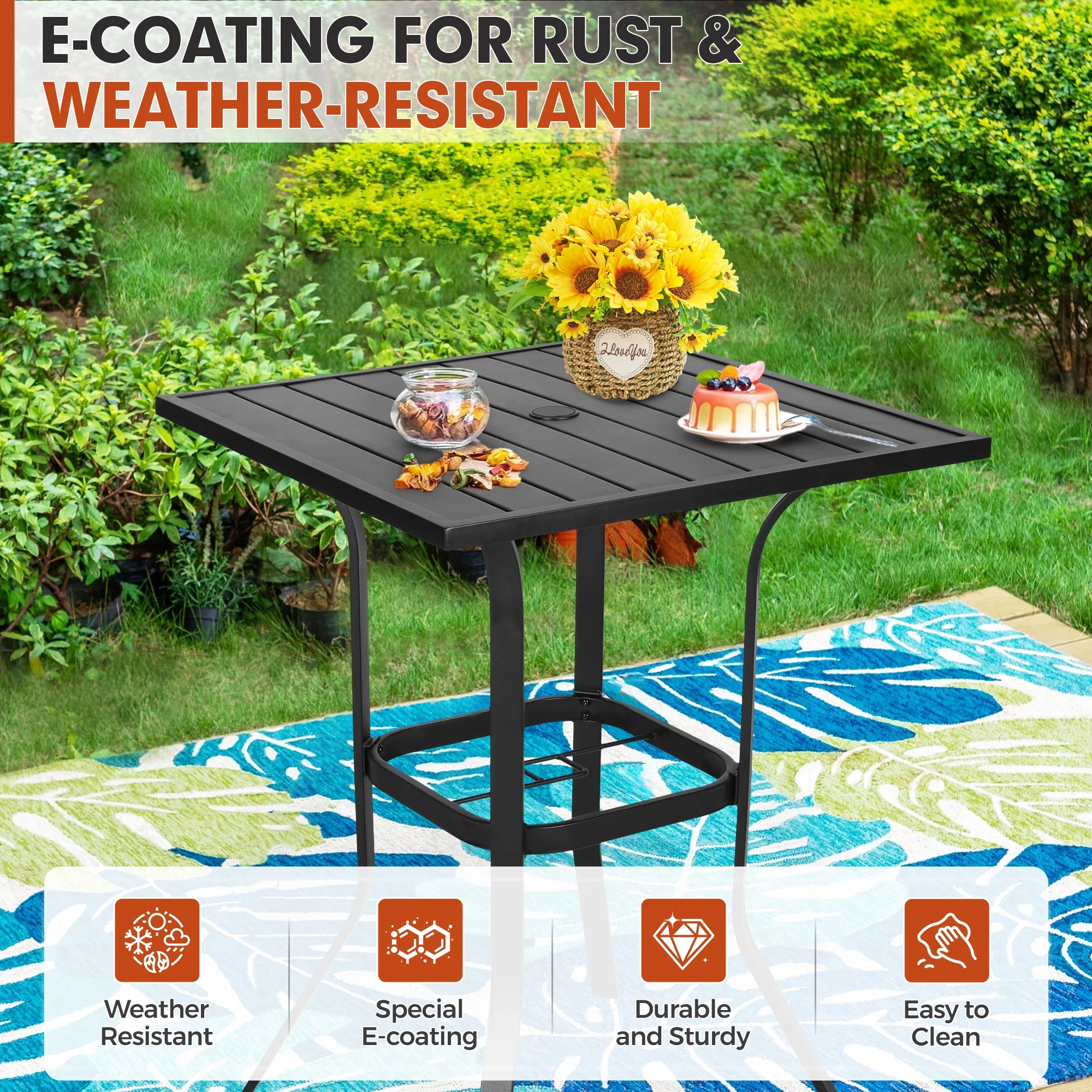 Outdoor Patio Bar Height Table Metal Bistro Table with Umbrella Hole, Black - Image 4