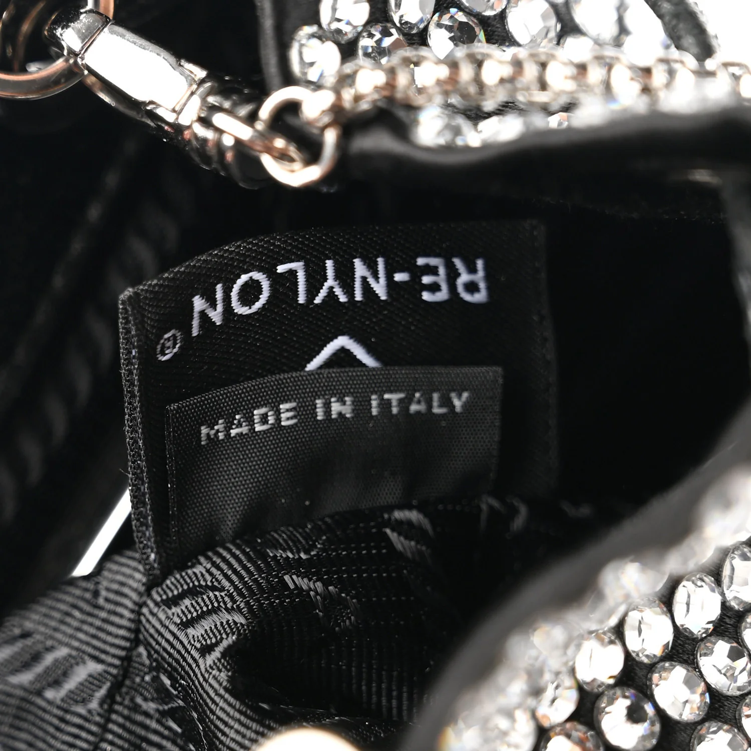 Satin Crystal Metal Triangle Logo Mini Drawcord Pouch Shoulder Bag Cristal