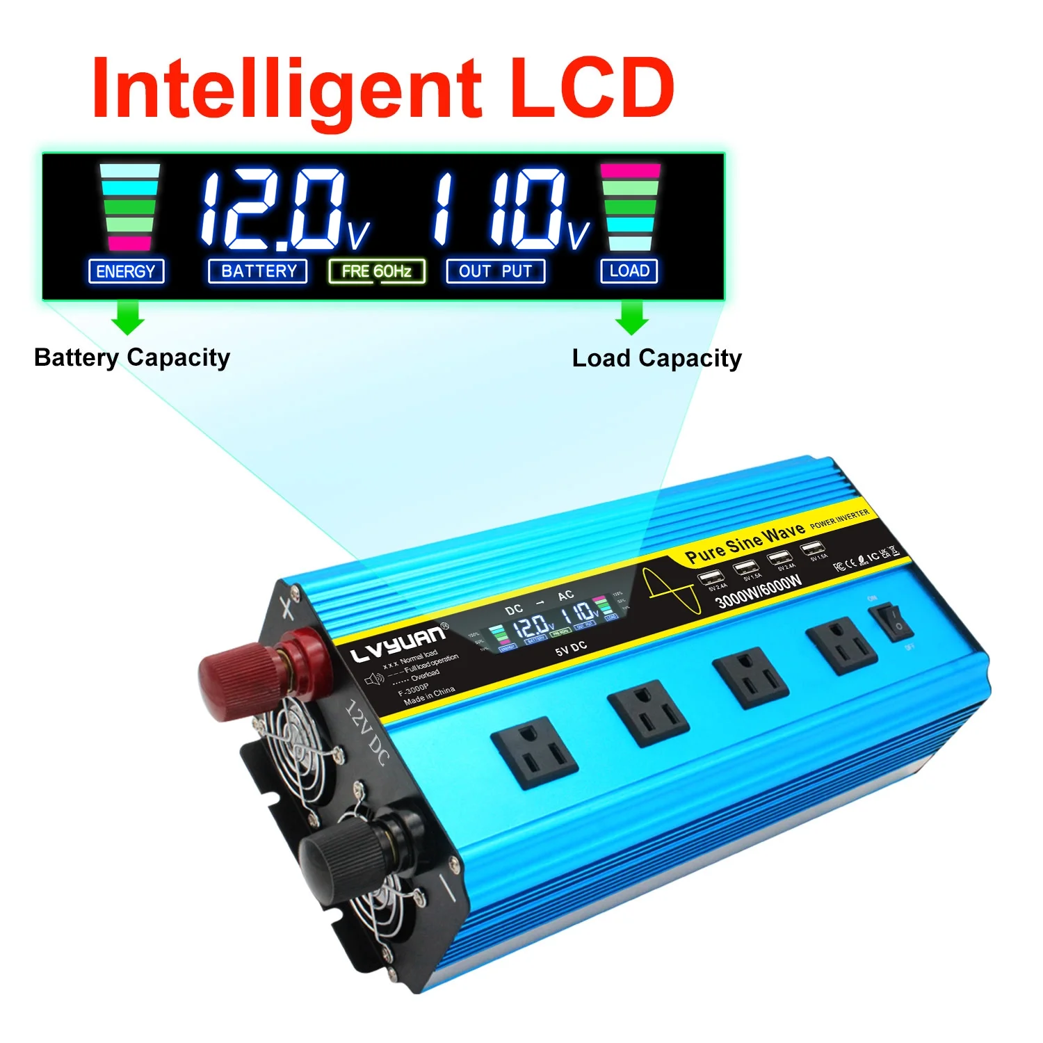 LVYUAN 3000watts Pure Sine Wave Power Inverter DC 12V to AC 110V 120V Converter 4USB 4AC LCD Display with Remote Control