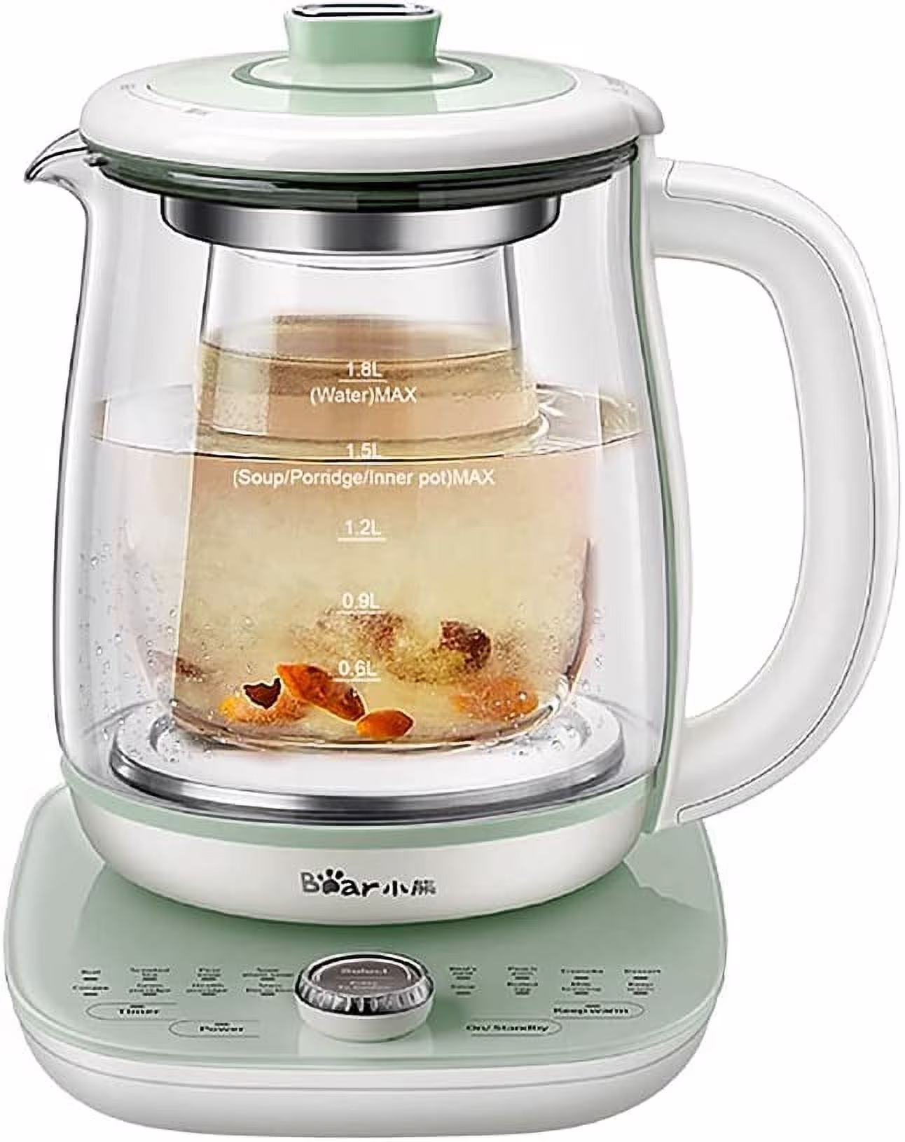 Bear YSH - C18S2 Health Pot, Electric Kettle Tea Maker with Infuser, Glass Kettle & Stew Pot, 16 Menus 1.8 L 120V, Green