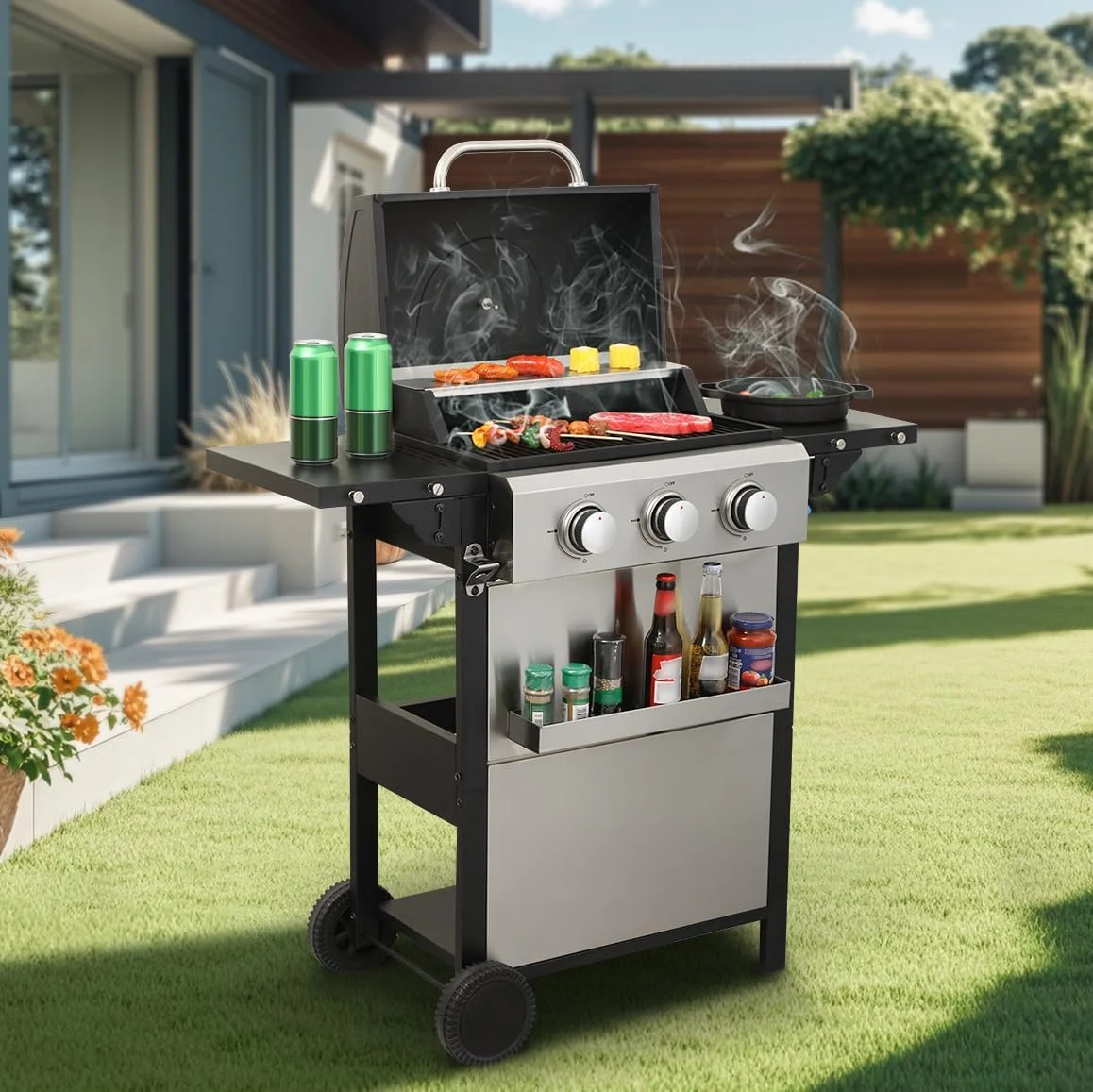 3-Burner Propane Gas BBQ Grill with Thermometer Wire Enamel Cooking Grids, 25,650 BTU Output Stainless Steel Grill with Foldable Side Table for Outdoor Barbecue(25650) - Image 8