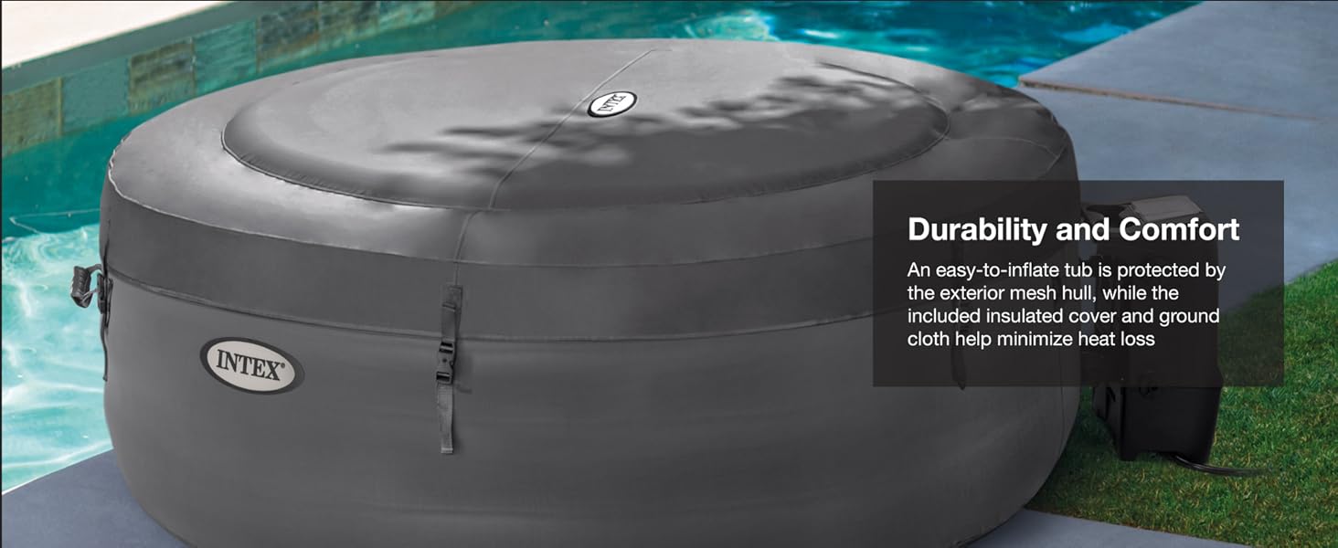 Covered Intex spa beside a pool, designed for insulation and heat retention on grassy patio.
