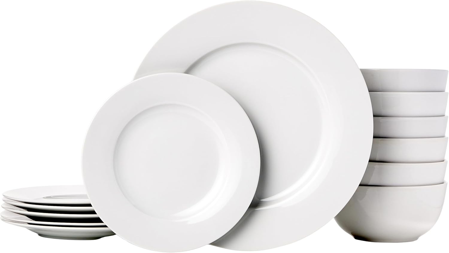 Amazon Basics Porcelain Dinnerware Set, Microwave and Dishwasher Safe, Service for 6, 18-Piece, Plates, Bowls, White