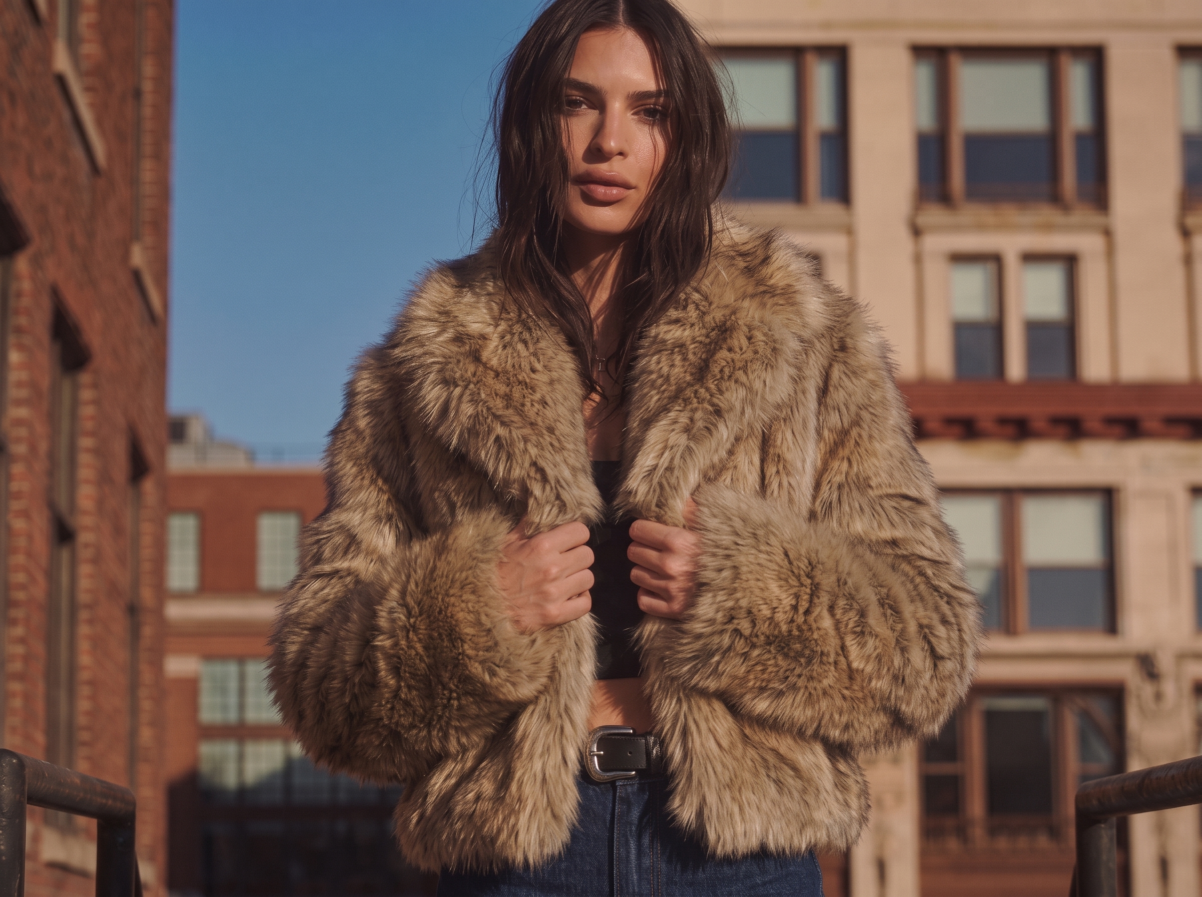 Woman wearing a brown short faux fur jacket on a city street