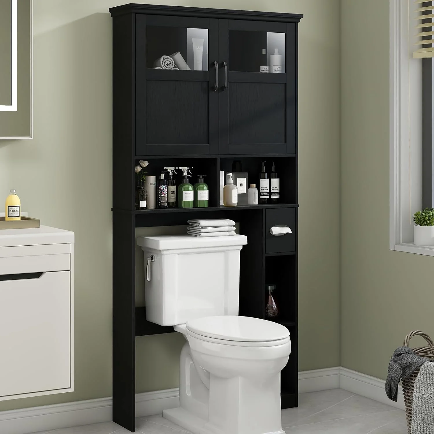 Over the Toilet Storage Cabinet, Storage Cabinet Over Toilet with Double Doors & Toilet Paper Holder Stand, Freestanding Toilet Shelf Space Saver with Anti - Tip Design & Adjustable Shelf, Black