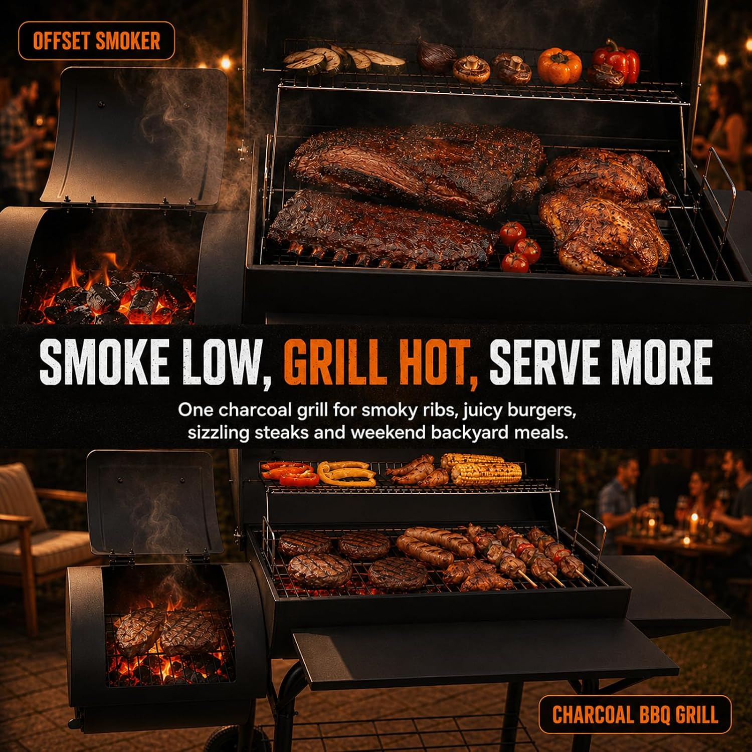 Realcook Charcoal Grill with Offset Smoker: Spacious Barrel Charcoal Grills