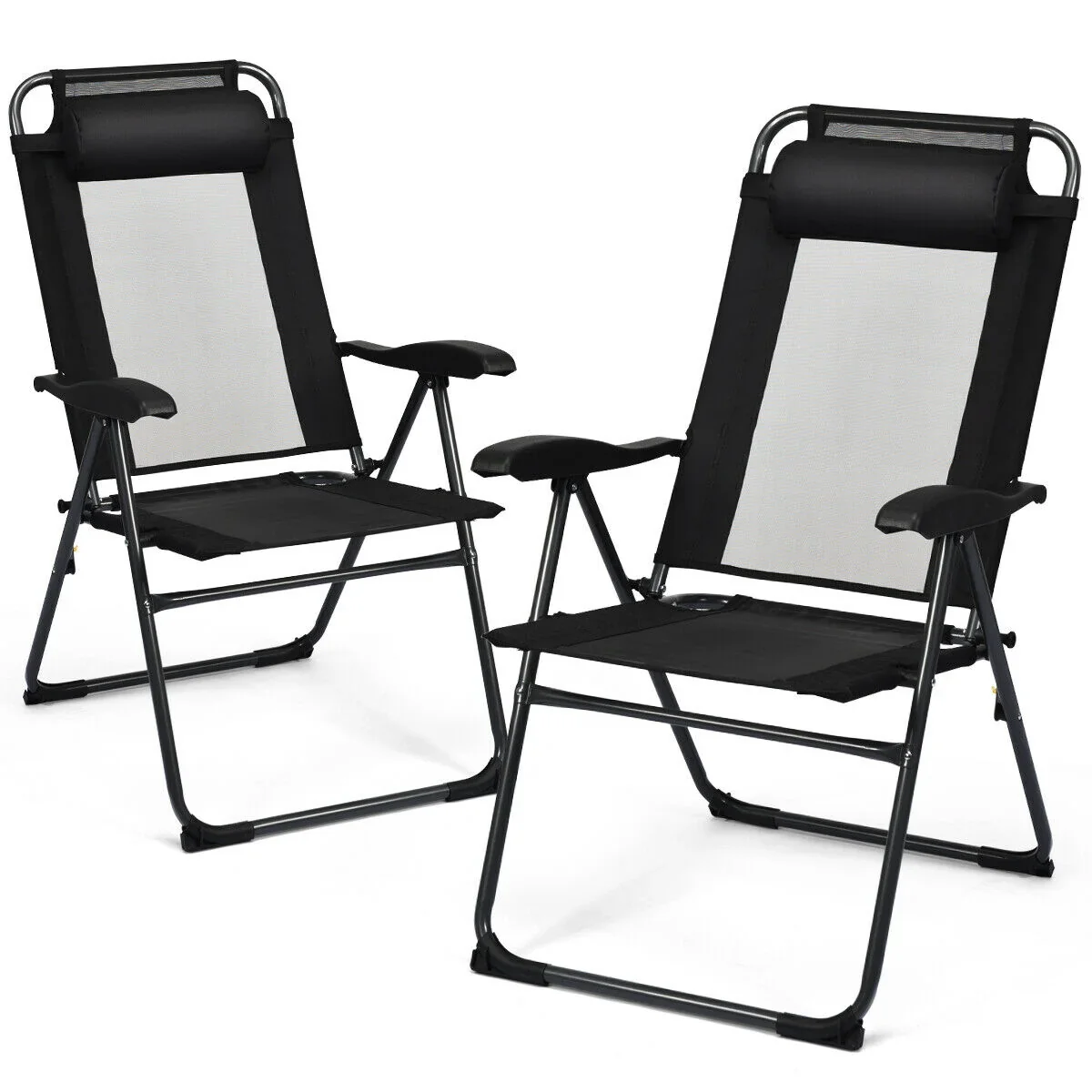 Gymax 2PC Folding Chairs Adjustable Reclining Chairs with Headrest Patio Garden Black
