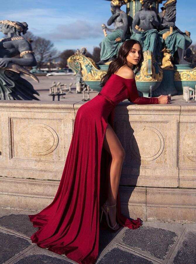 A-Line Off-the-Shoulder Long Sleeves Burgundy Elegant Prom Dress with Split DML66