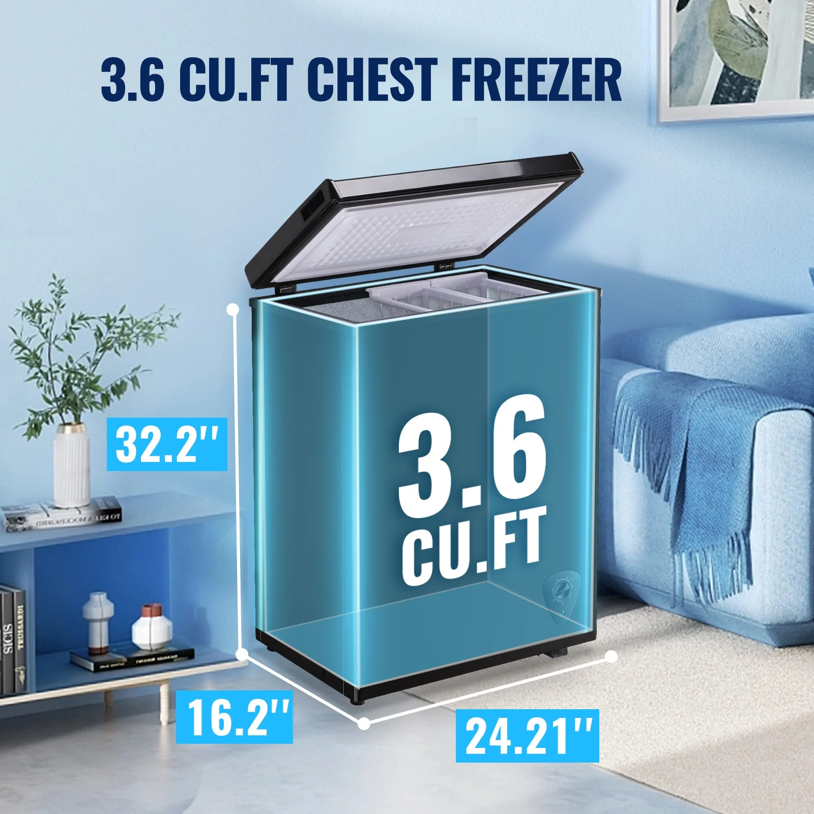 3.6 Cu.ft Chest Mini Freezer with Wheels Deep Freezer for Bulk Storage Top Open Door 2 Removable Baskets 7 Modes Temperature for Home Apartment Kitchen Black(Black) - Image 8