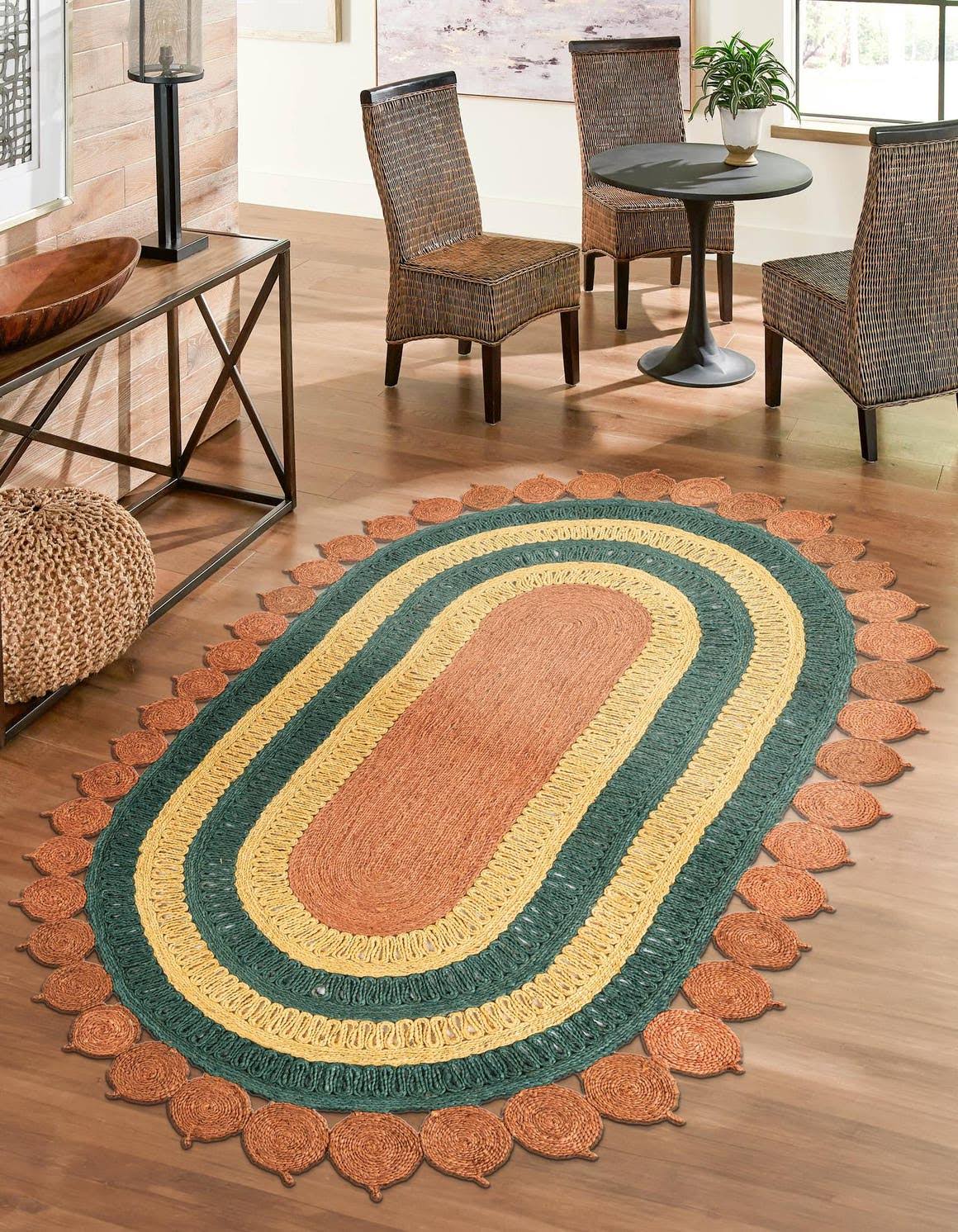 Hand Braided Jute 3x5 Oval Orange Green Yellow Abstract Area Rug