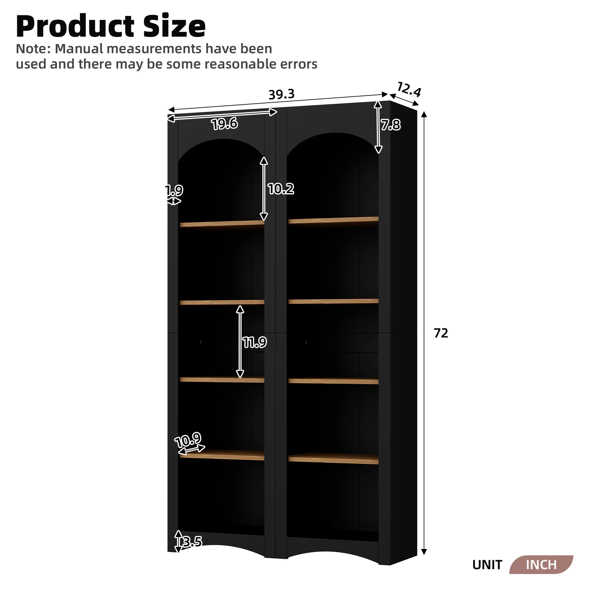 72"h Pantry Pair, 2 , Adjustable Shelves, , Black Finish 2 Bookcase , Cabinet With Vintage Style(Black) - Image 8
