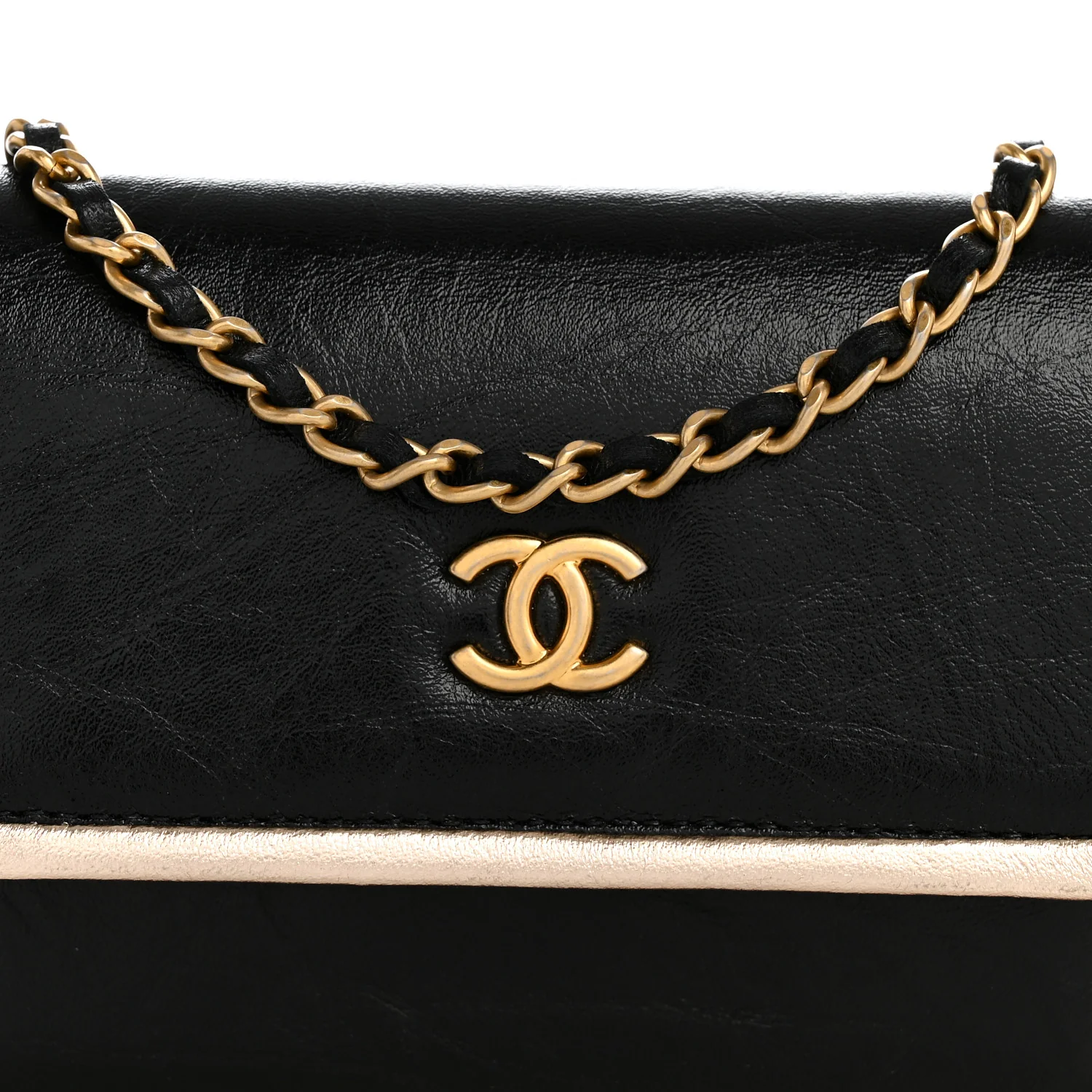 Metallic Calfskin Clutch With Chain Black Gold