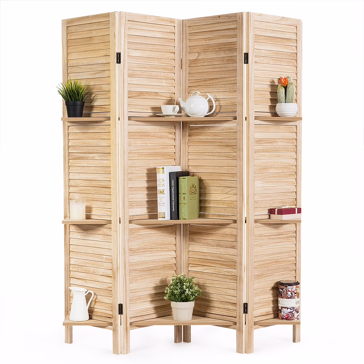 4 Panel Folding Room Divider Screen W/3 Display Shelves 5.6 Ft Tall(White) - Image 3