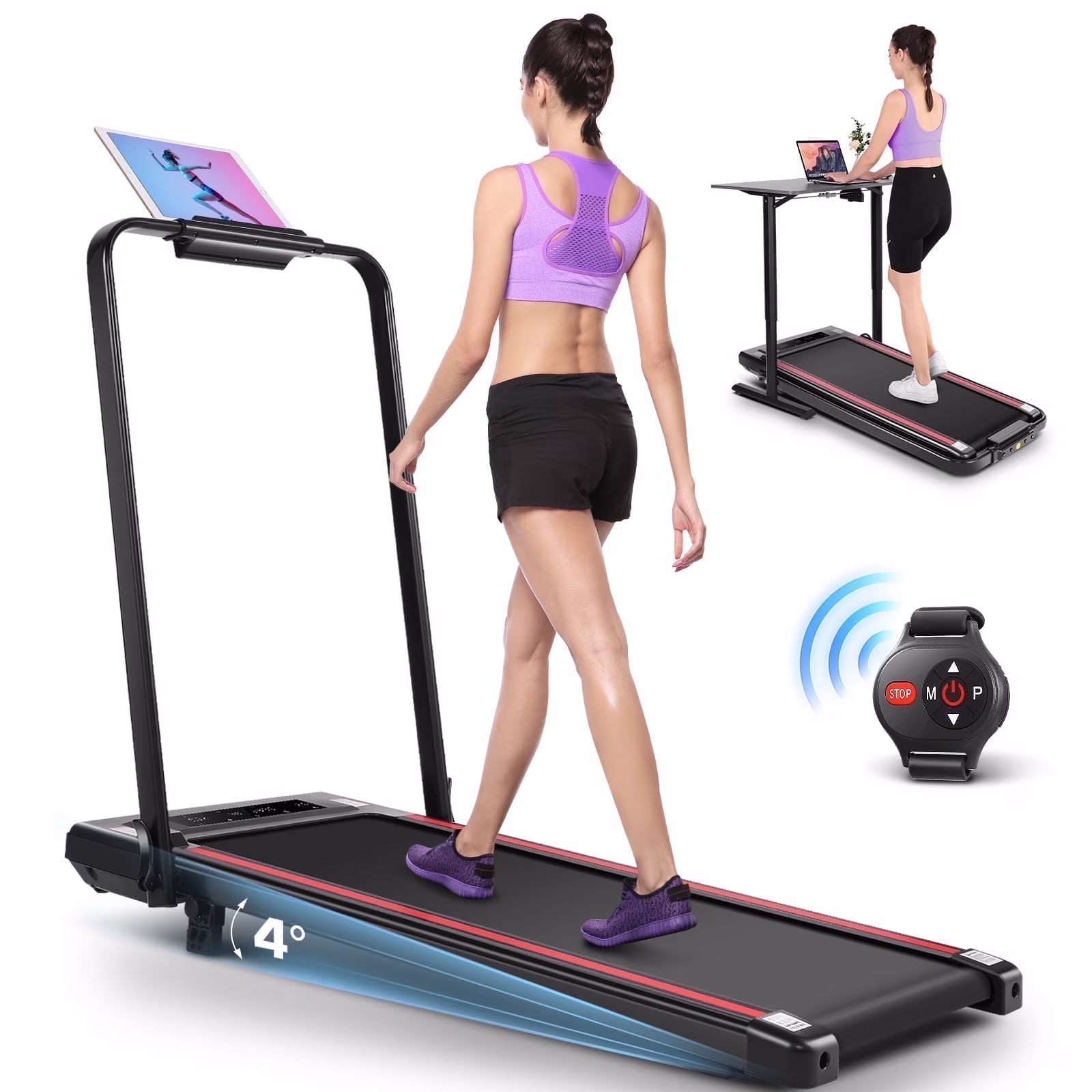 2 in 1 Walking Pad Treadmill with Incline, 2.5HP Under Desk Treadmill with Handle Remote Control LED Touch Screen for Home Office Workout, 300lbs Weight Capacity Black Green(A-98-G) - Image 5