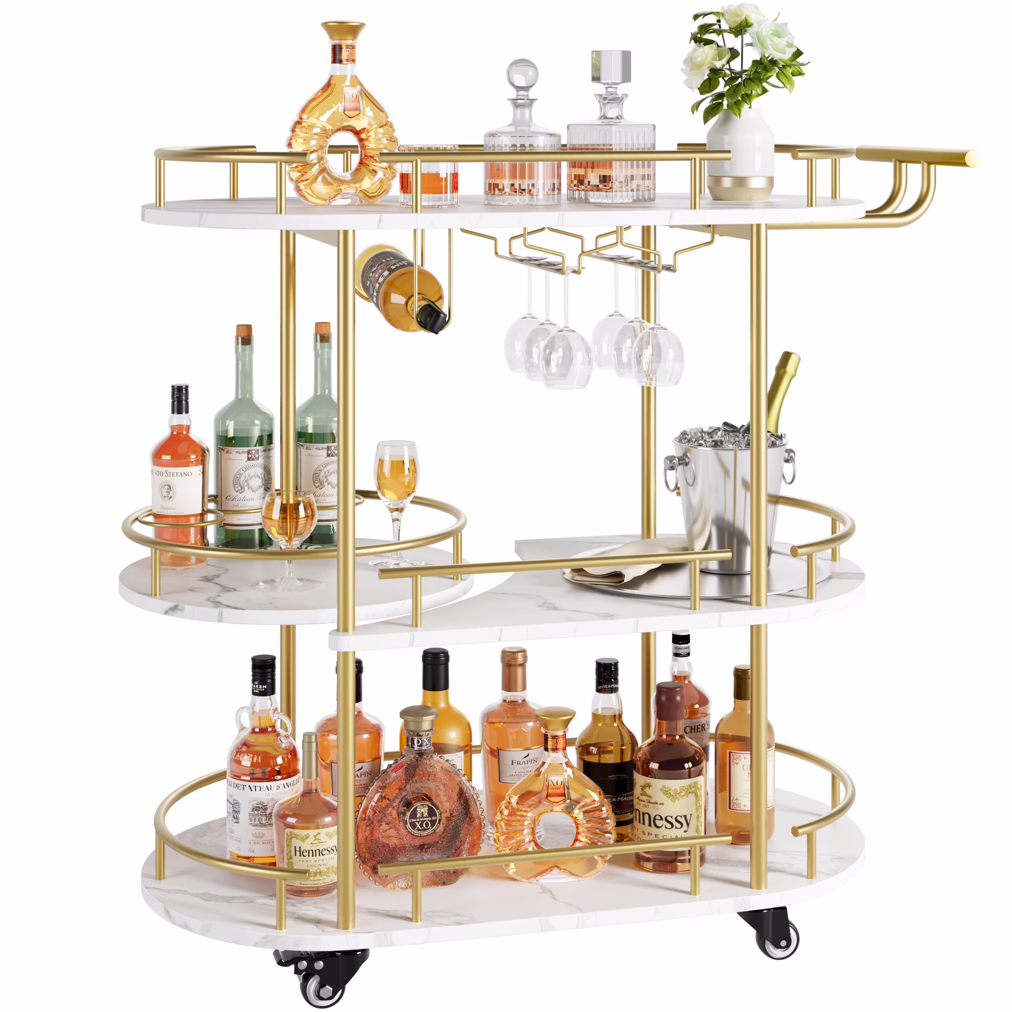 Garvee Bar Serving Cart, 3 - Tier Storage Shelves & Wine Rack and Glass Holder, Golden & White