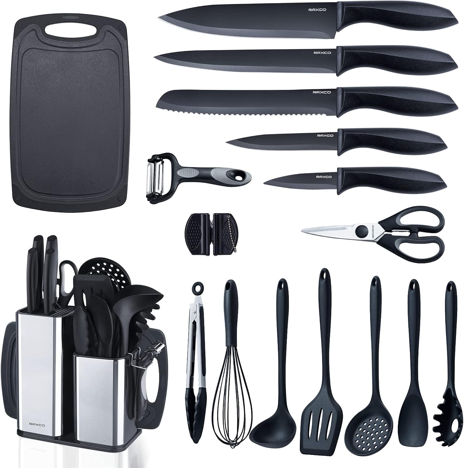 RAXCO Kitchen Utensils Set, 18-Piece Cooking Utensils and Knife Set, Black