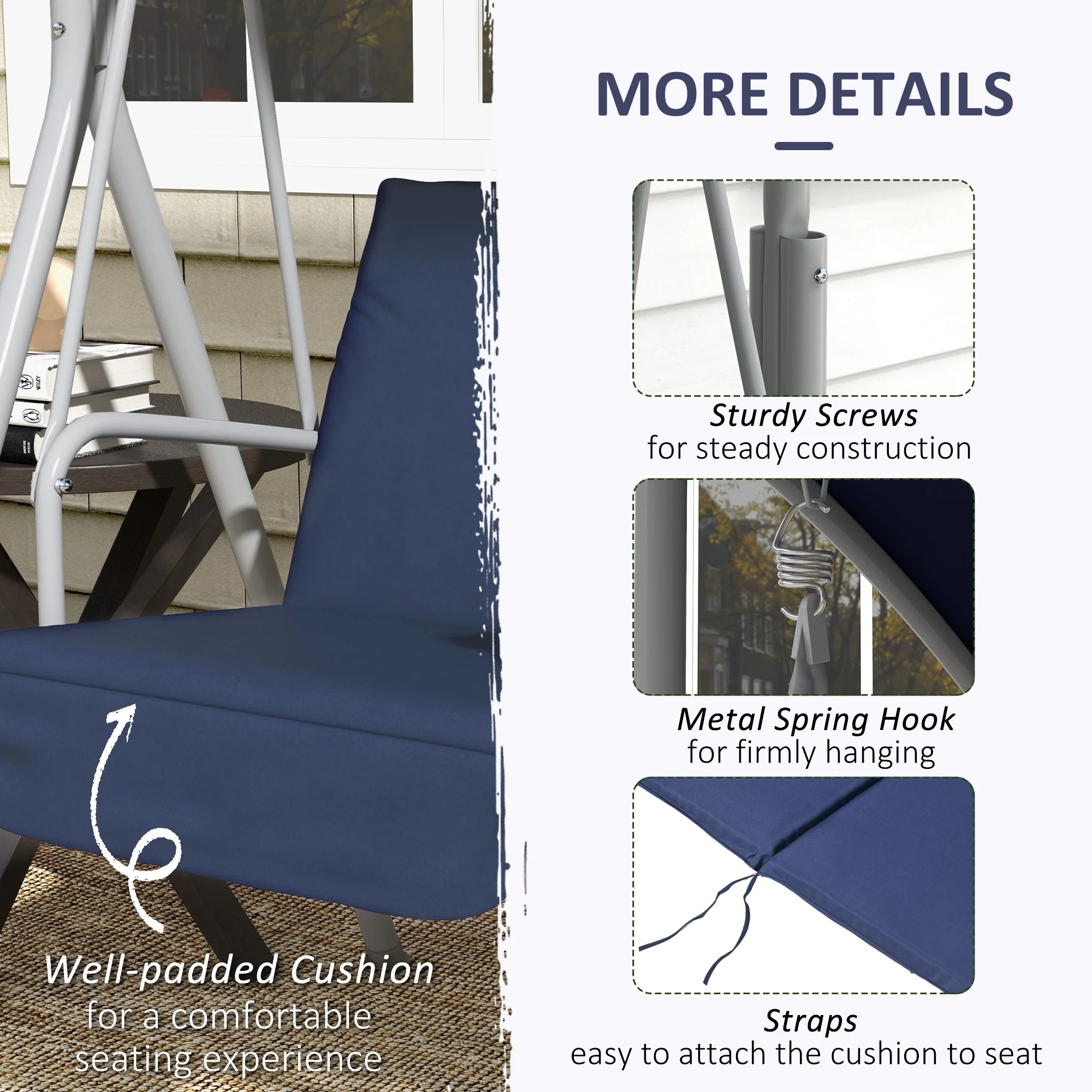 2 Person Porch Swing with Stand, Outdoor Swing with Canopy, Pivot Storage Table, 2 Cup Holders, Cushions for Patio, Backyard, Dark Blue(Dark Blue) - Image 6