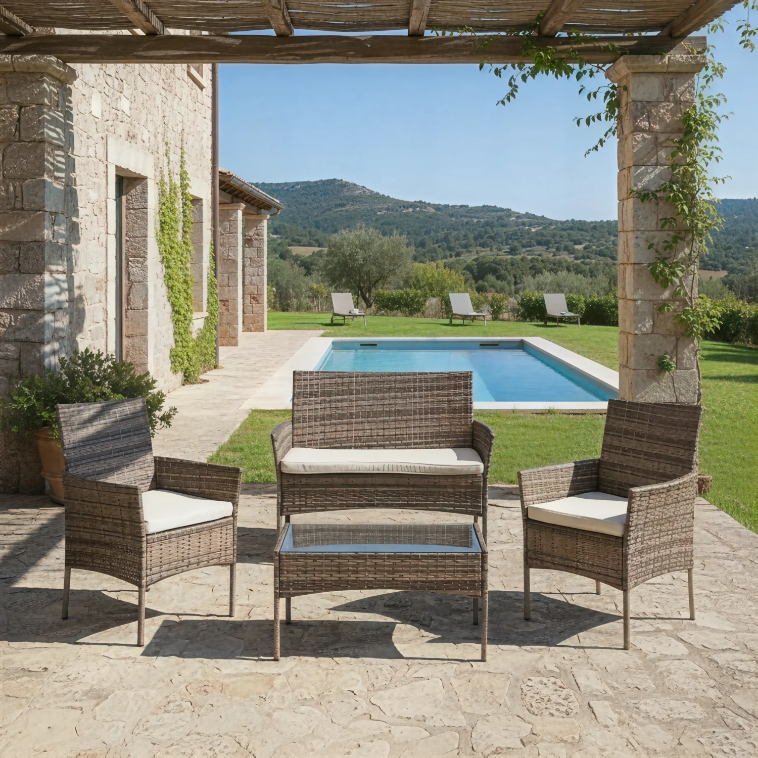 VESTIAMO CASA GIARDINO - Set da giardino 4 pezzi Rattan sintetico Tortora con struttura in acciaio, top in vetro e cuscini Crema