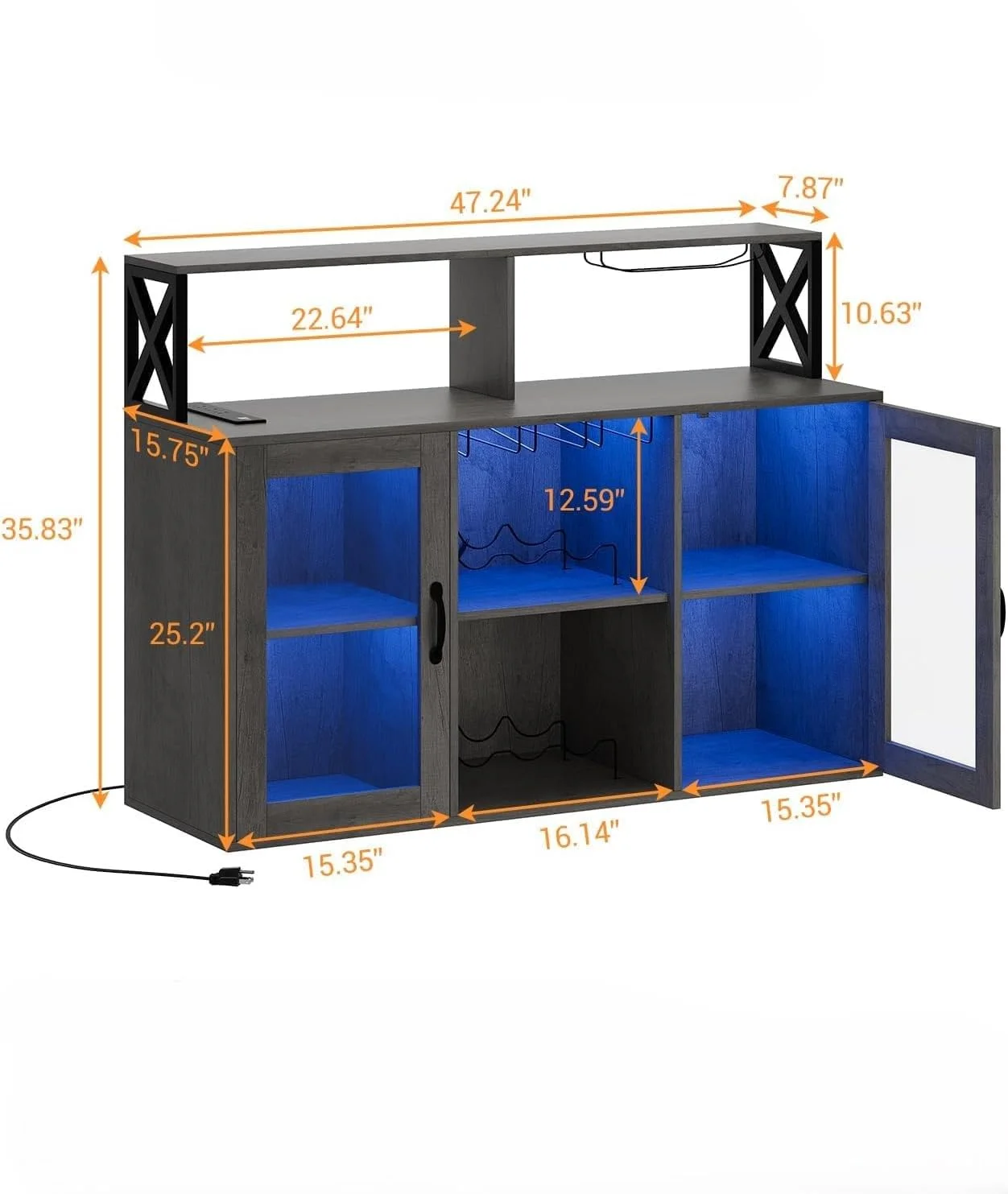 Bar Cabinet with Storage Shelves, Coffee Bar Cabinet with LED Lights, Liquor Cabinet with Wine Rack and Glass Goblet Holder, Kitchen Sideboard Buffet Cabinet for Home, Kitchen, Dining Room(Retro Gray) - Image 2