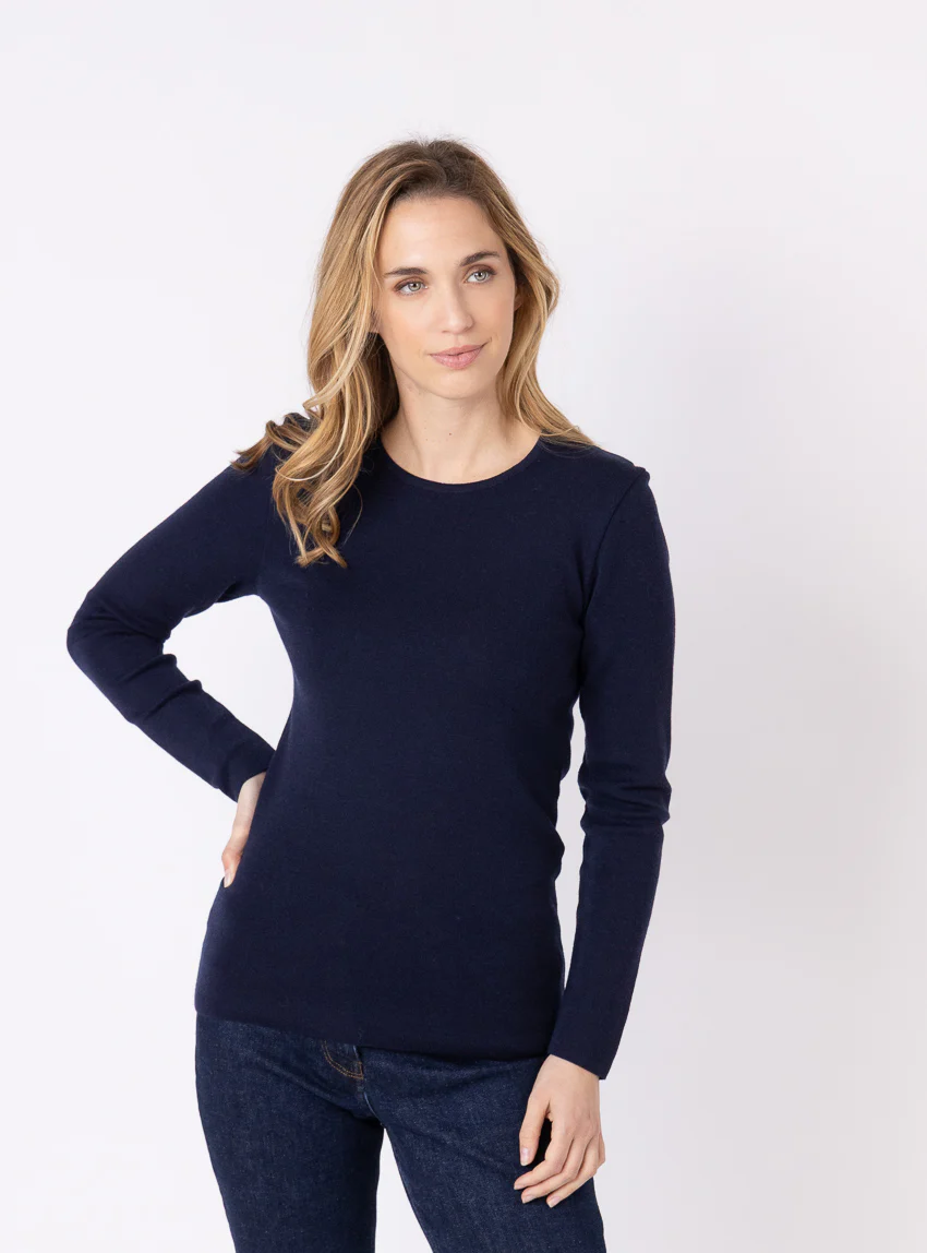 Tee-shirt thermique manches longues femme en laine merinos bleu marine