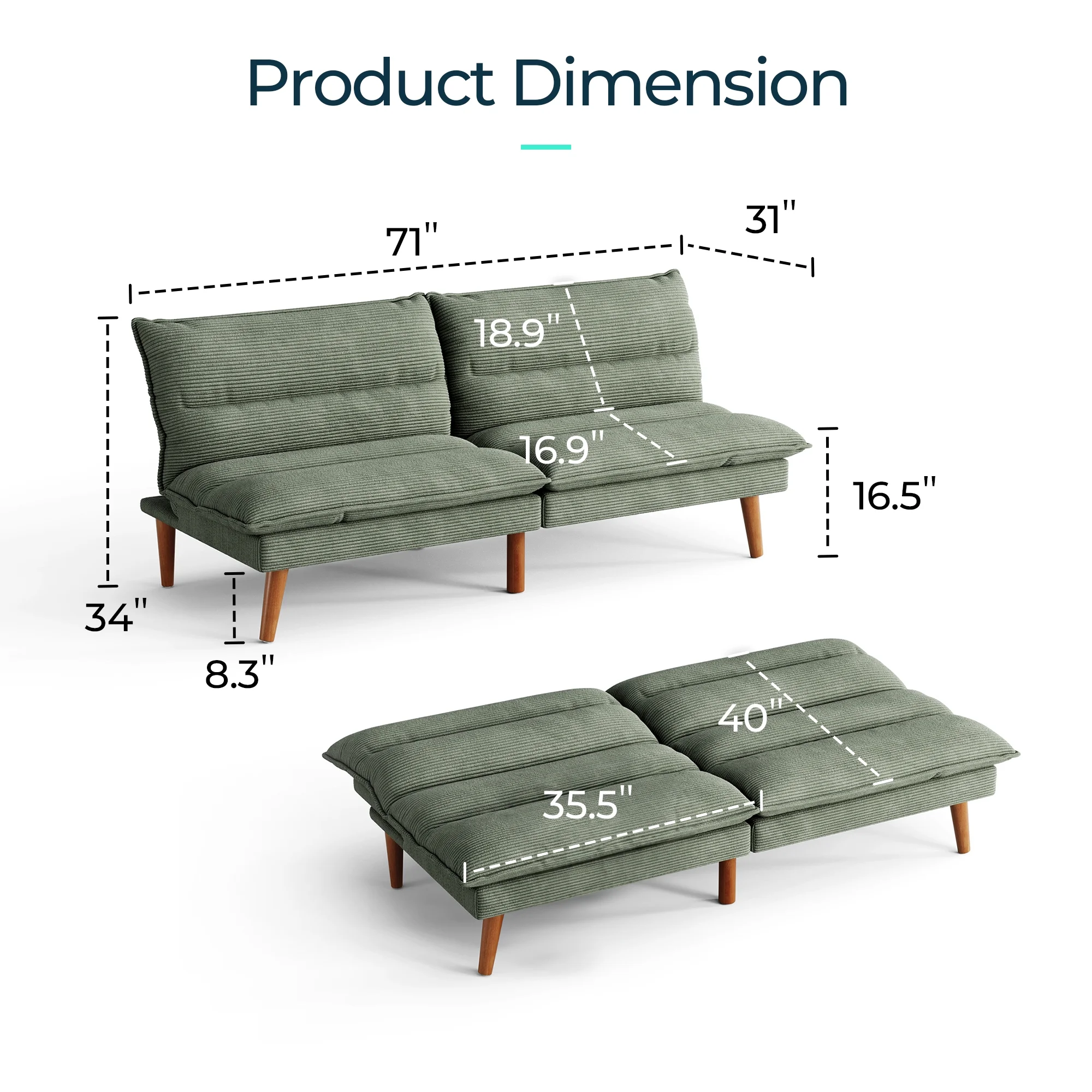 71" W Corduroy Convertible Futon Sofa Bed, Army Green(Army Green) - Image 6