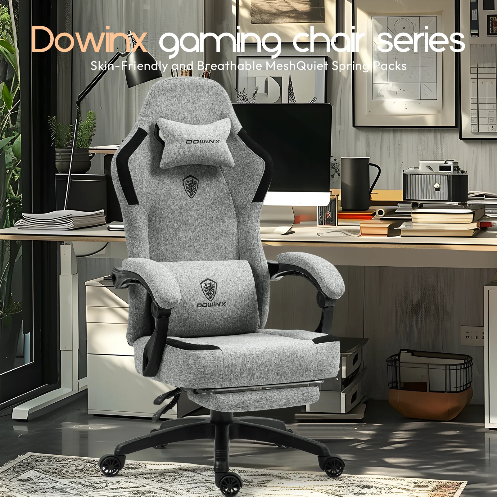 Fabric Gaming Chair with Pocket Spring Cushion, Breathable Computer Chair with Massage Lumbar Support and Footrest, High Back Office Chair for Adults, 300lbs, Grey(Grey) - Image 6