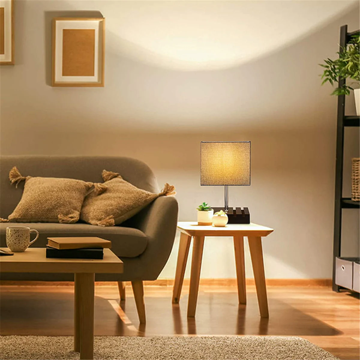 Touch Control Table Lamp with 2 USB Charging Ports, 1 AC Outlets and 2 Phone Stands, Modern USB Desk Lamp with Black Wooden Base and Grey Shade Suitable for Bedroom, Living Room Image 3