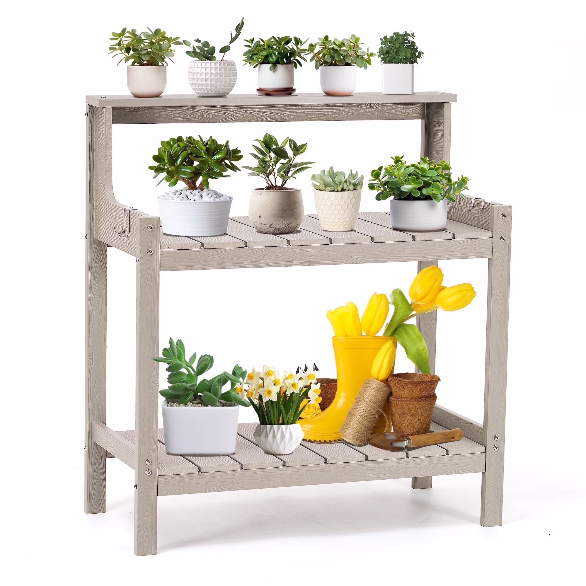 Naipo Potting Bench Table, HDPS Potting Bench with 4 Side Hooks, All-Weather Garden Table Work Station, Outdoor Potting Table for Porch, No Rust, No Fade, No Break, 360lbs Capacity